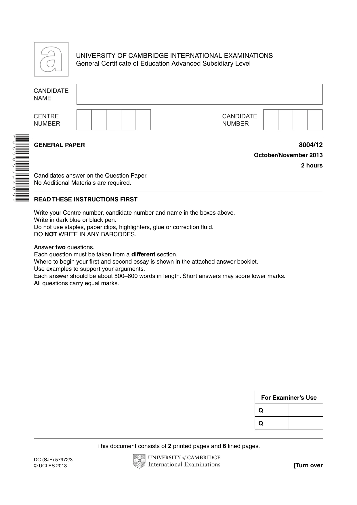 Cambridge A Level General Paper (AS Level only) 8004 2013 Oct/Nov Paper 1 · Variant 2 question paper, page 1 of 8