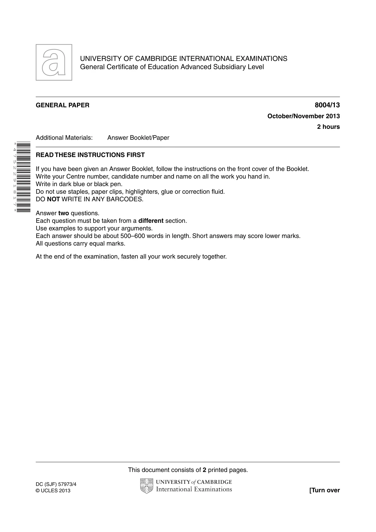 Cambridge A Level General Paper (AS Level only) 8004 2013 Oct/Nov Paper 1 · Variant 3 question paper, page 1 of 2