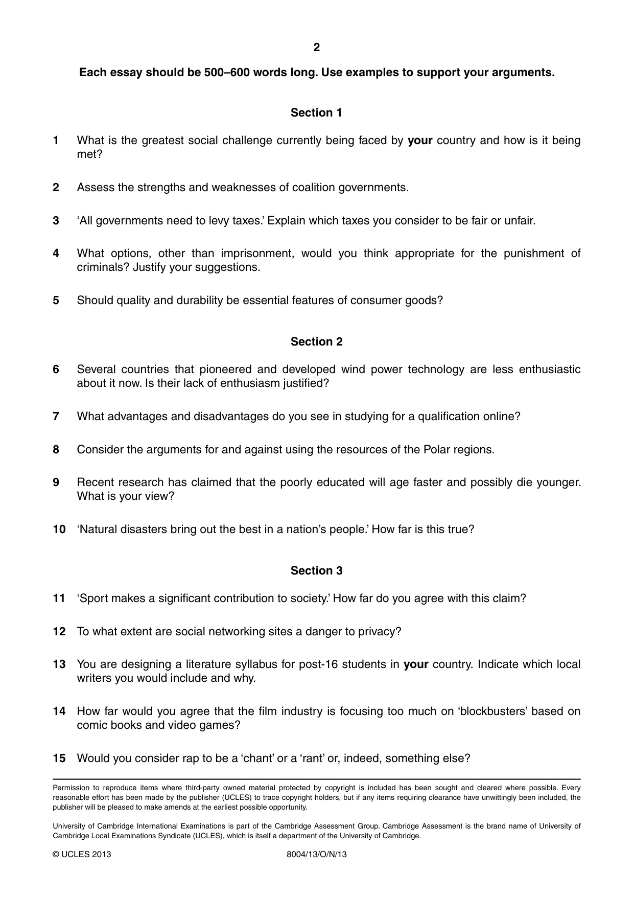 Cambridge A Level General Paper (AS Level only) 8004 2013 Oct/Nov Paper 1 · Variant 3 question paper, page 2 of 2