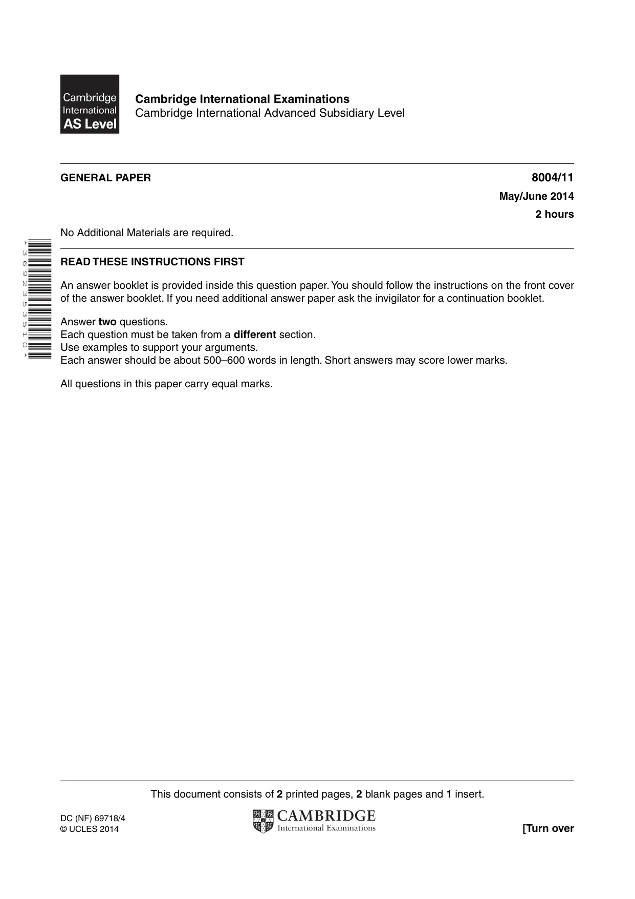 Cambridge A Level General Paper (AS Level only) 8004 2014 May/June Paper 1 · Variant 1 question paper, page 1 of 4