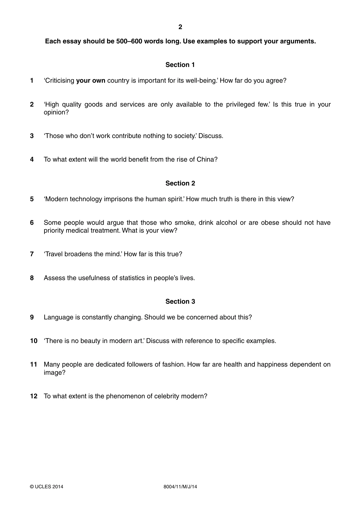 Cambridge A Level General Paper (AS Level only) 8004 2014 May/June Paper 1 · Variant 1 question paper, page 2 of 4