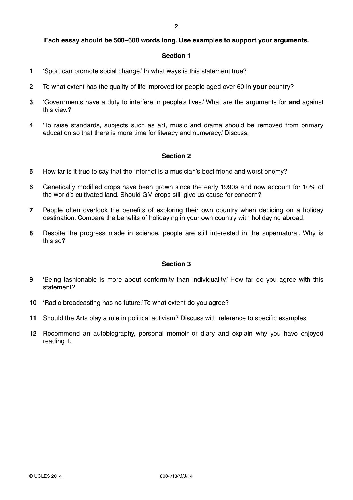 Cambridge A Level General Paper (AS Level only) 8004 2014 May/June Paper 1 · Variant 3 question paper, page 2 of 4