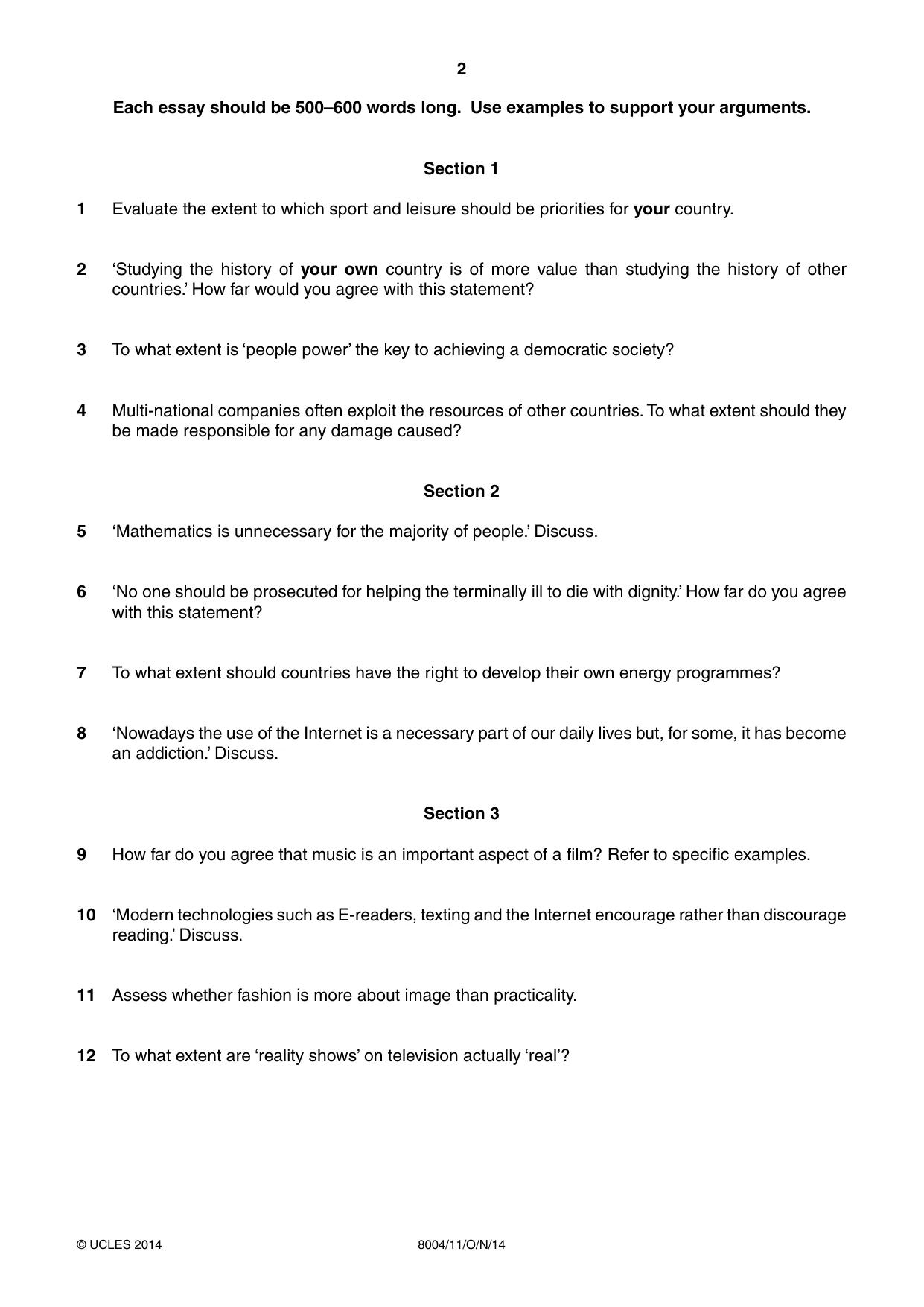 Cambridge A Level General Paper (AS Level only) 8004 2014 Oct/Nov Paper 1 · Variant 1 question paper, page 2 of 4