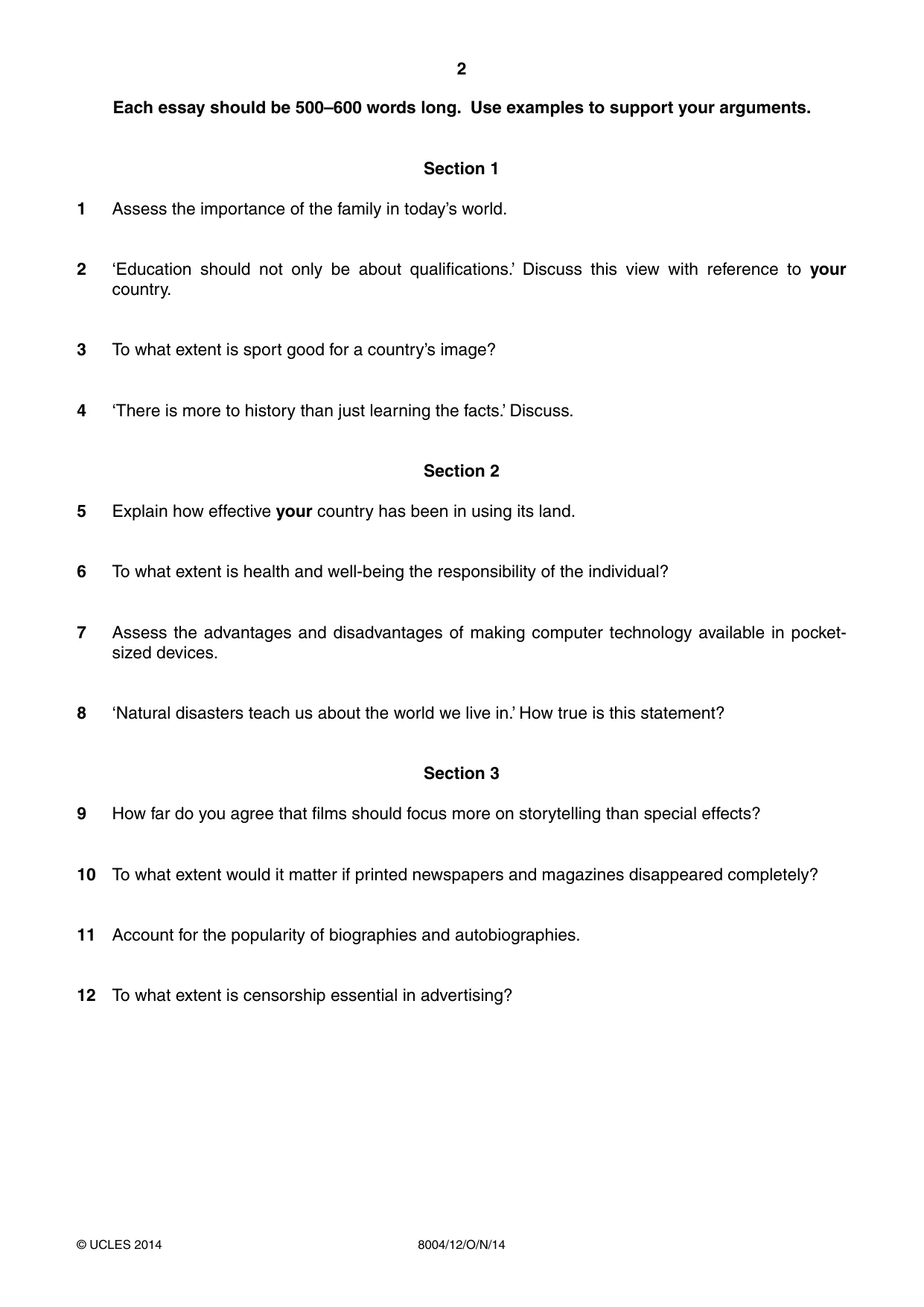 Cambridge A Level General Paper (AS Level only) 8004 2014 Oct/Nov Paper 1 · Variant 2 question paper, page 2 of 4