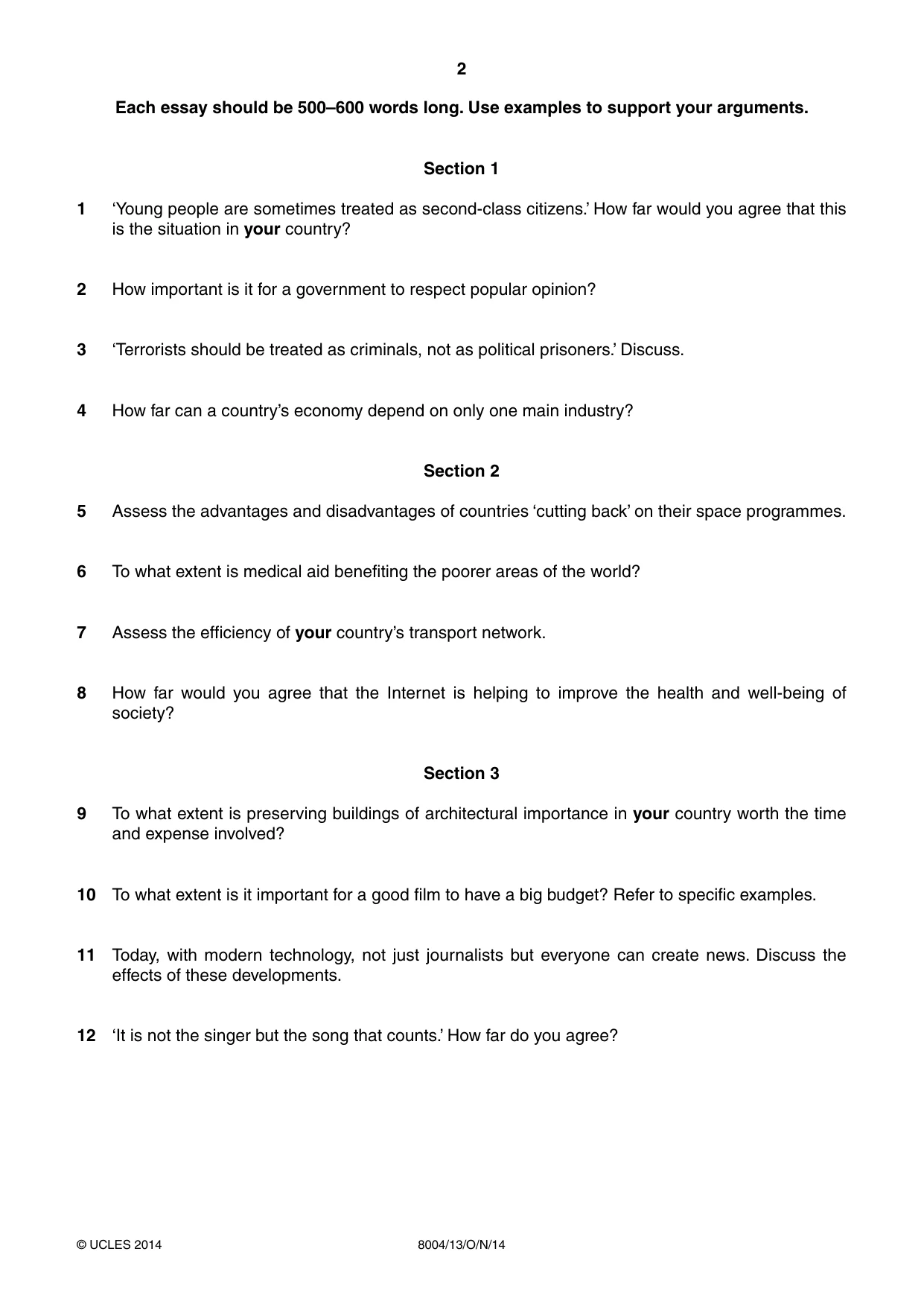 Cambridge A Level General Paper (AS Level only) 8004 2014 Oct/Nov Paper 1 · Variant 3 question paper, page 2 of 4