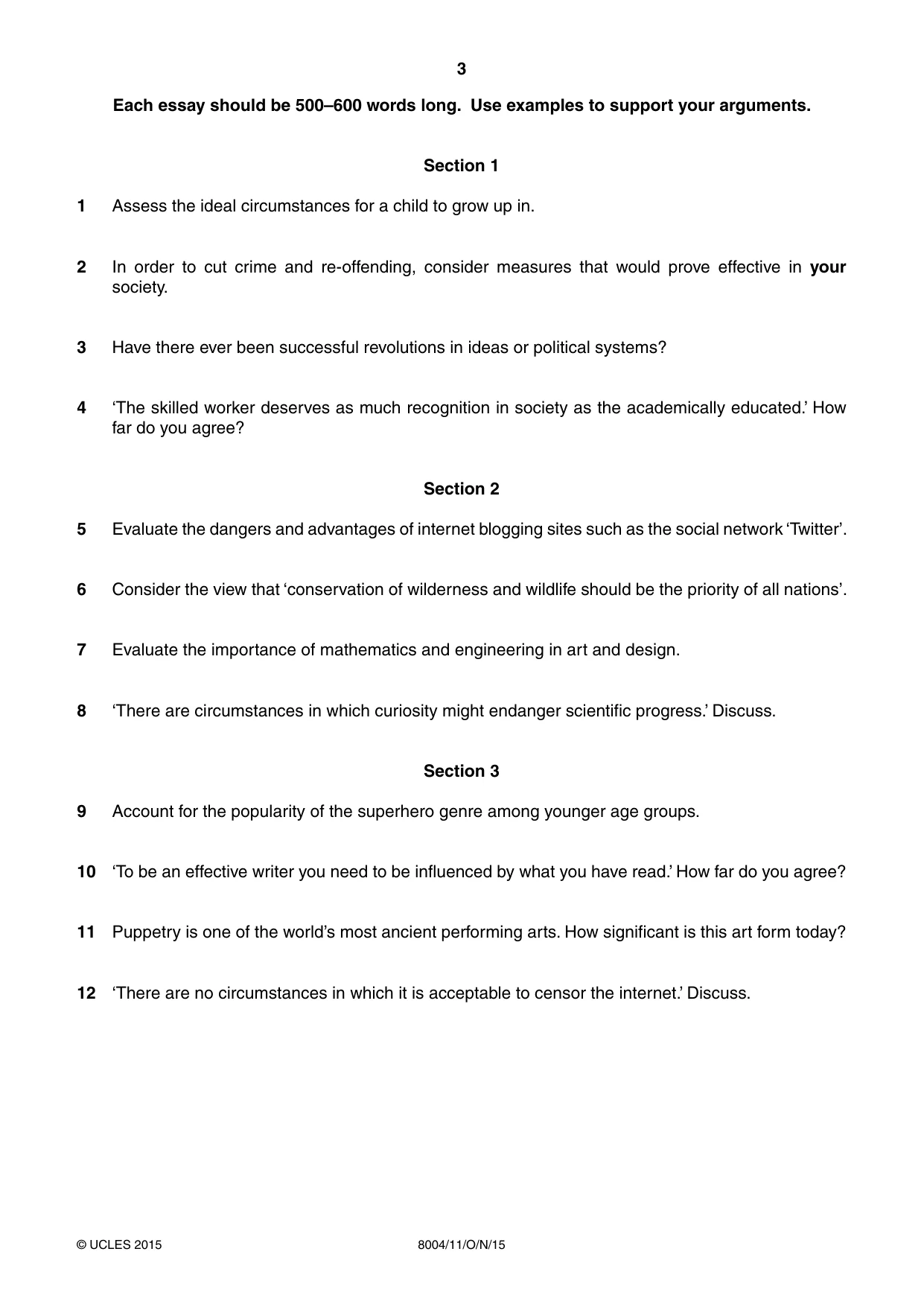 Cambridge A Level General Paper (AS Level only) 8004 2015 Oct/Nov Paper 1 · Variant 1 question paper, page 3 of 4