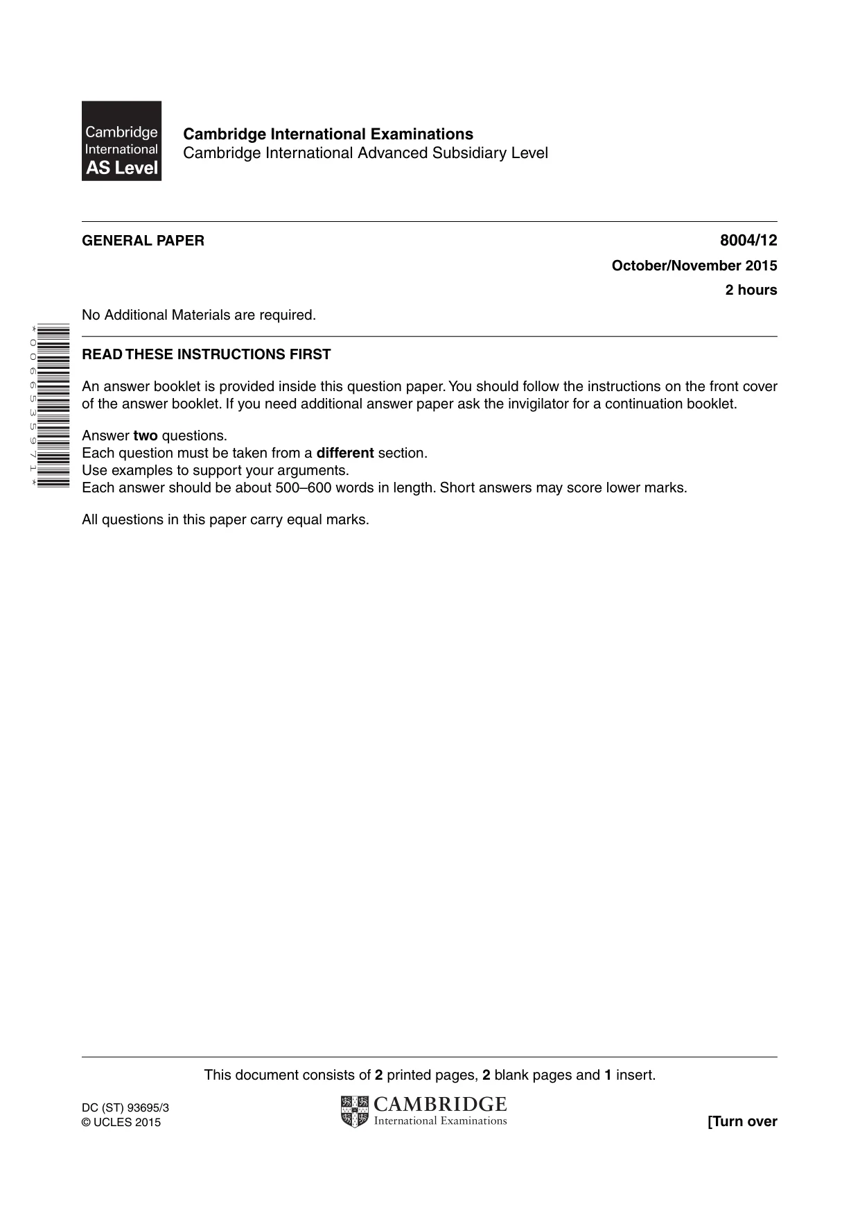 Cambridge A Level General Paper (AS Level only) 8004 2015 Oct/Nov Paper 1 · Variant 2 question paper, page 1 of 4