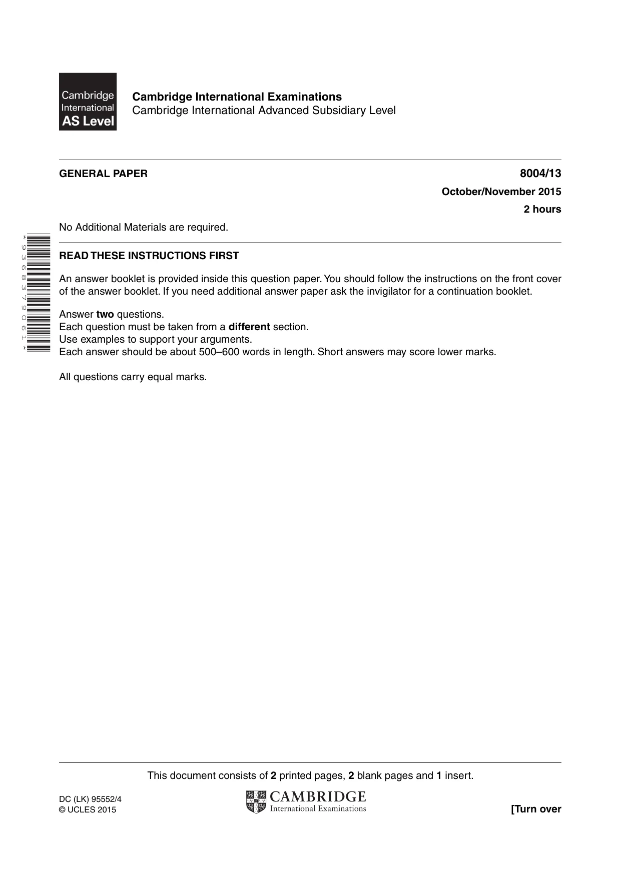 Cambridge A Level General Paper (AS Level only) 8004 2015 Oct/Nov Paper 1 · Variant 3 question paper, page 1 of 4