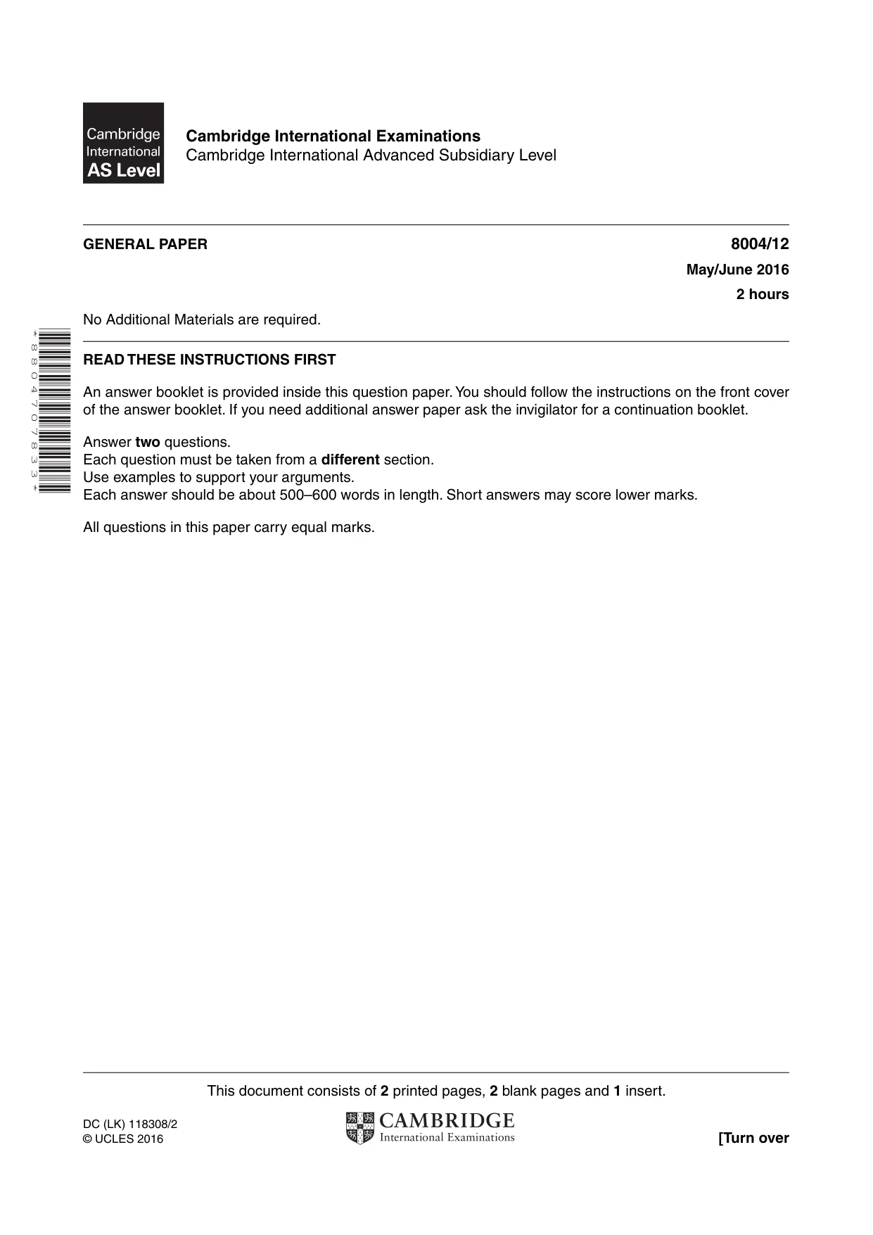Cambridge A Level General Paper (AS Level only) 8004 2016 May/June Paper 1 · Variant 2 question paper, page 1 of 4