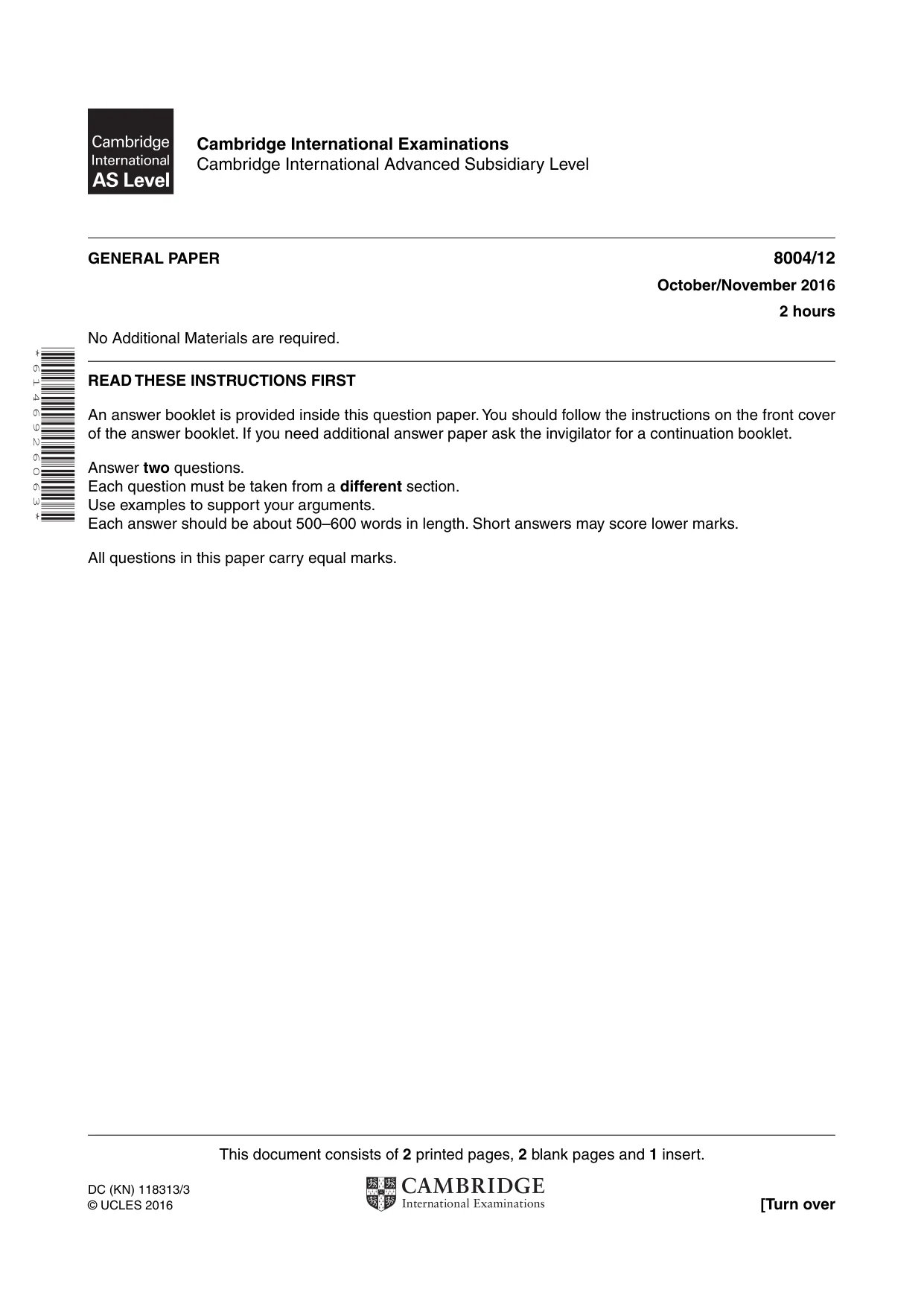 Cambridge A Level General Paper (AS Level only) 8004 2016 Oct/Nov Paper 1 · Variant 2 question paper, page 1 of 4
