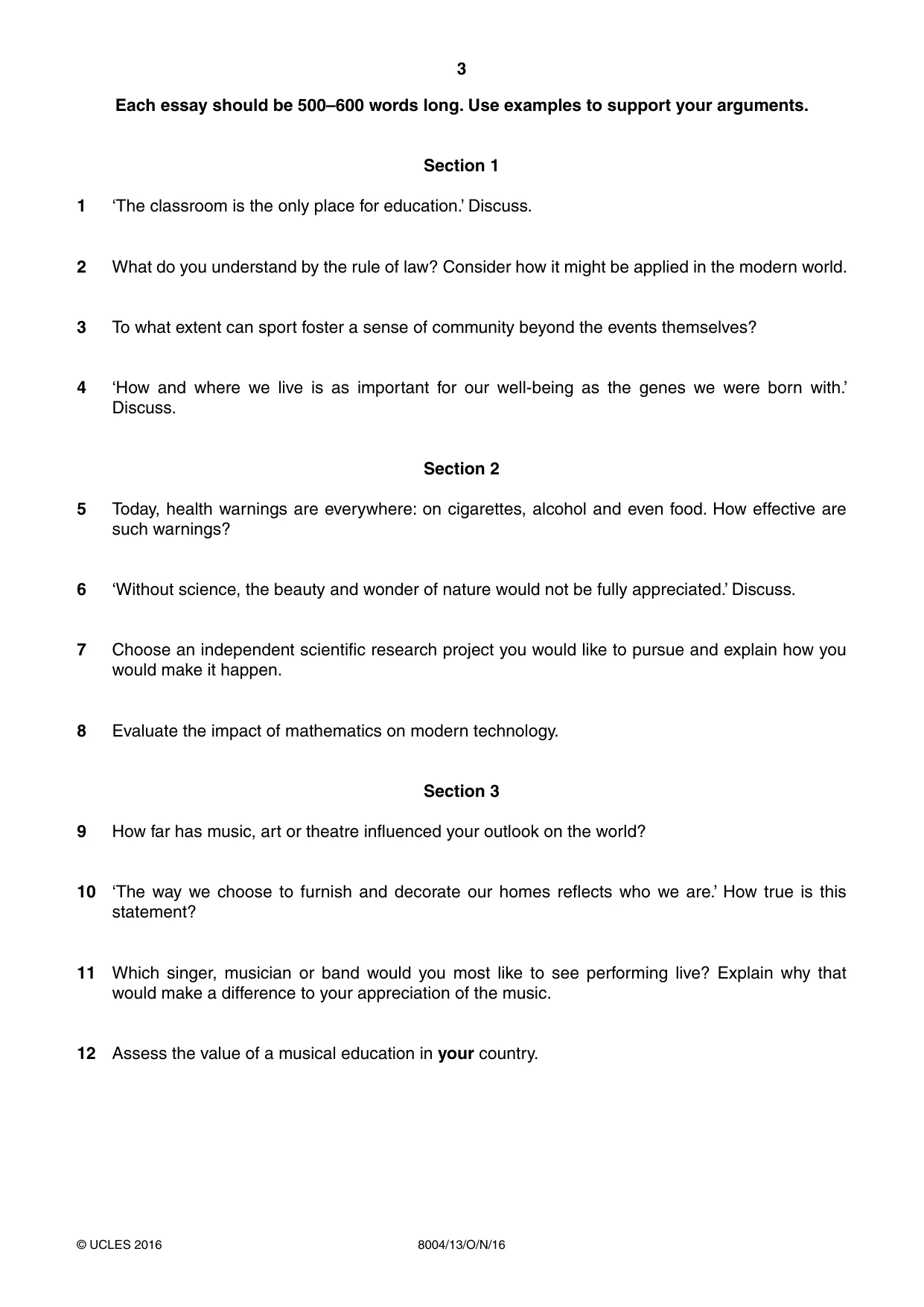 Cambridge A Level General Paper (AS Level only) 8004 2016 Oct/Nov Paper 1 · Variant 3 question paper, page 3 of 4
