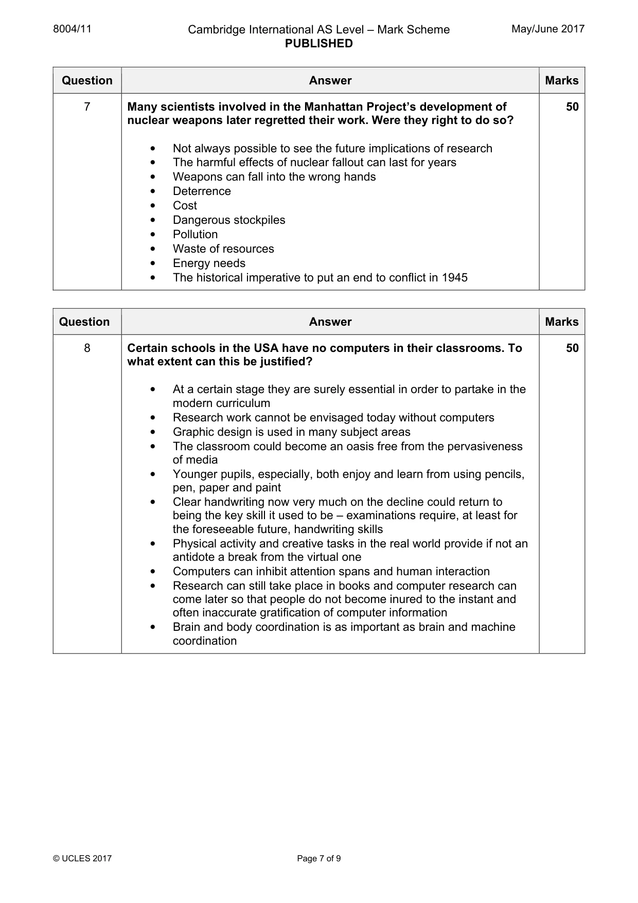 Mark scheme, page 7 of 9