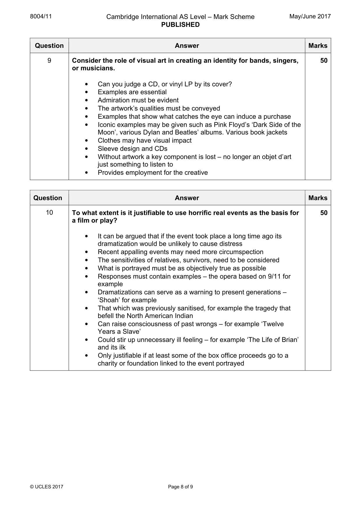 Mark scheme, page 8 of 9