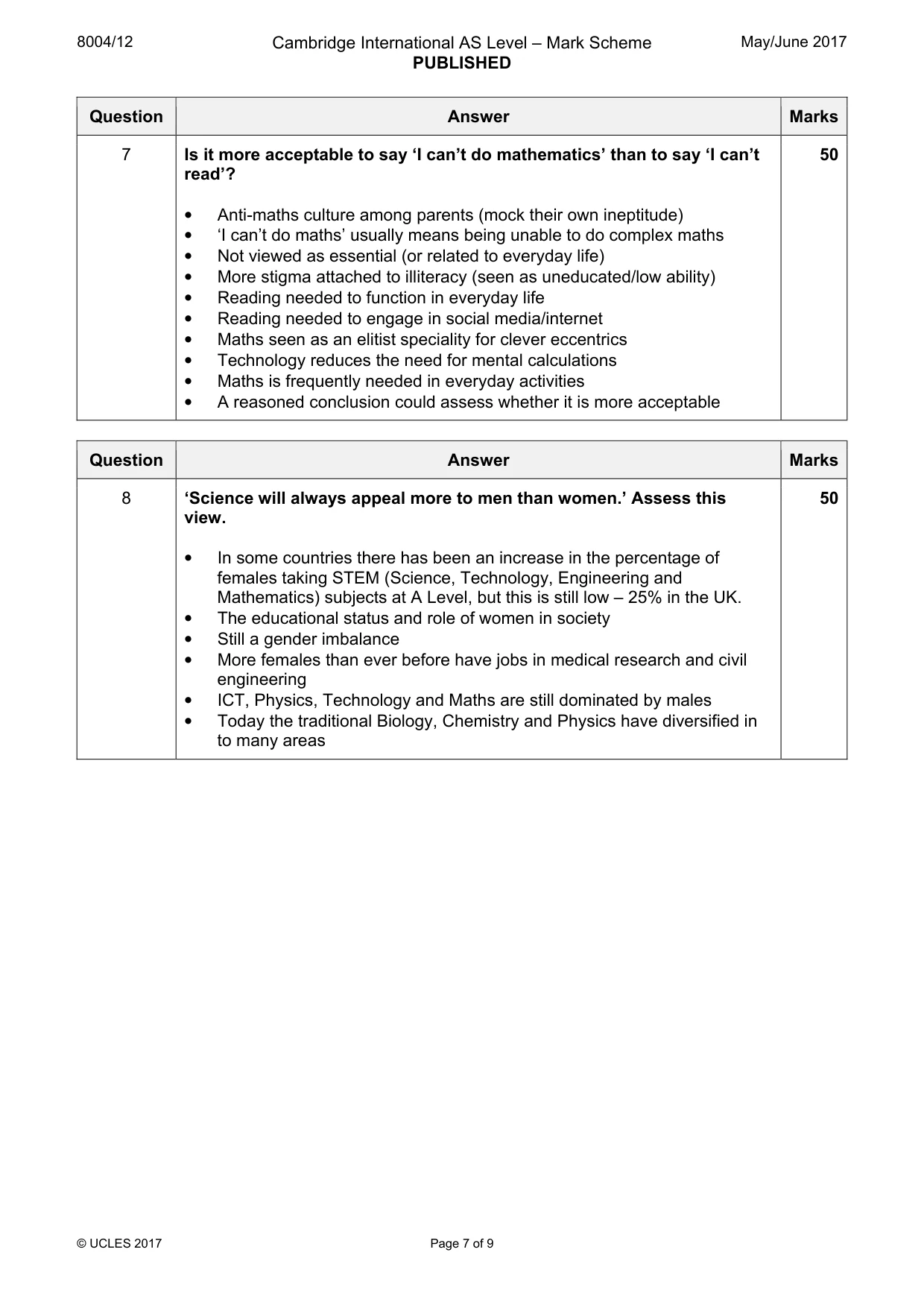Mark scheme, page 7 of 9