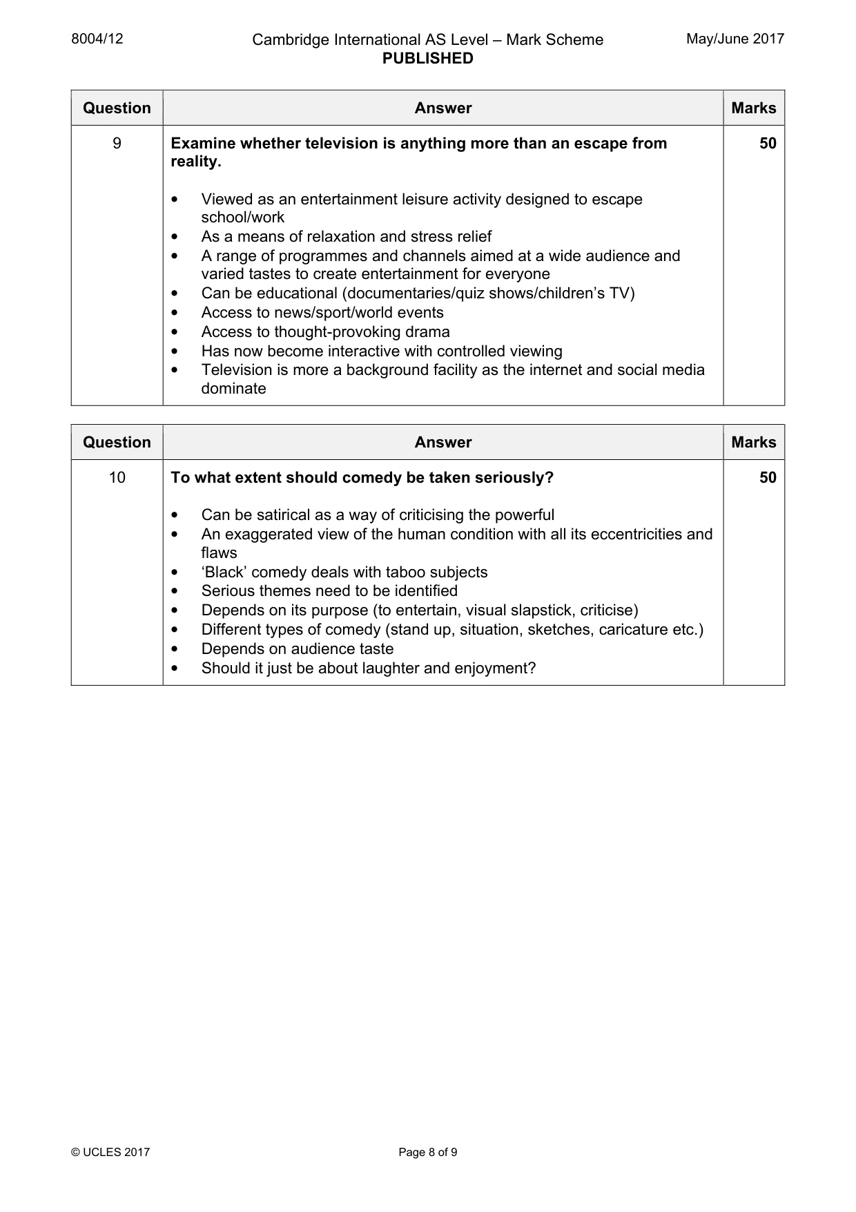 Mark scheme, page 8 of 9