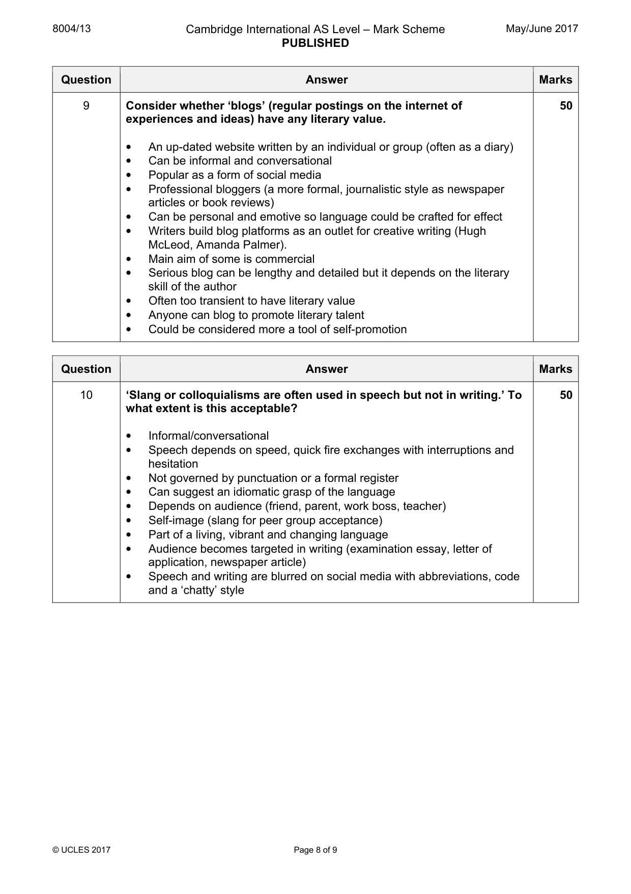 Mark scheme, page 8 of 9