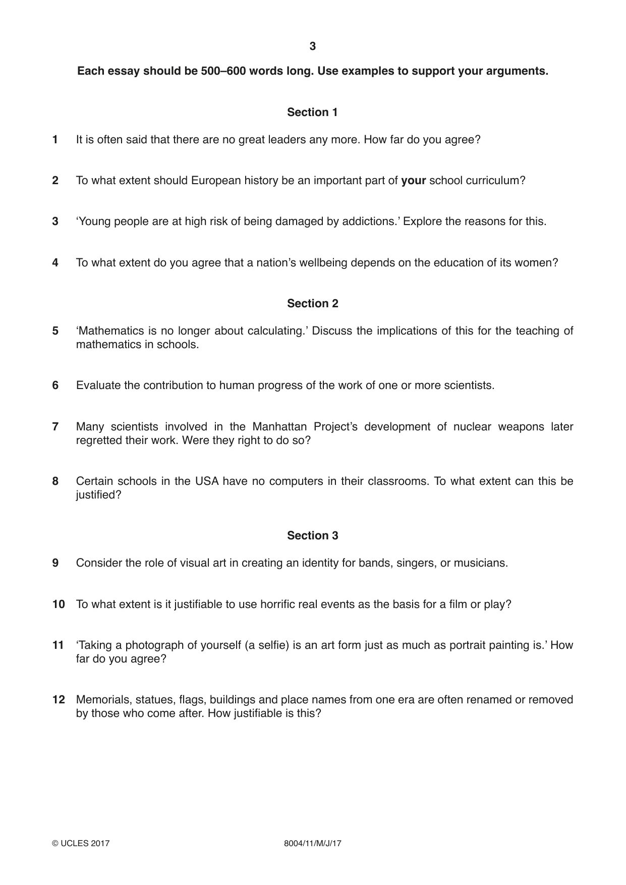 Cambridge A Level General Paper (AS Level only) 8004 2017 May/June Paper 1 · Variant 1 question paper, page 3 of 4