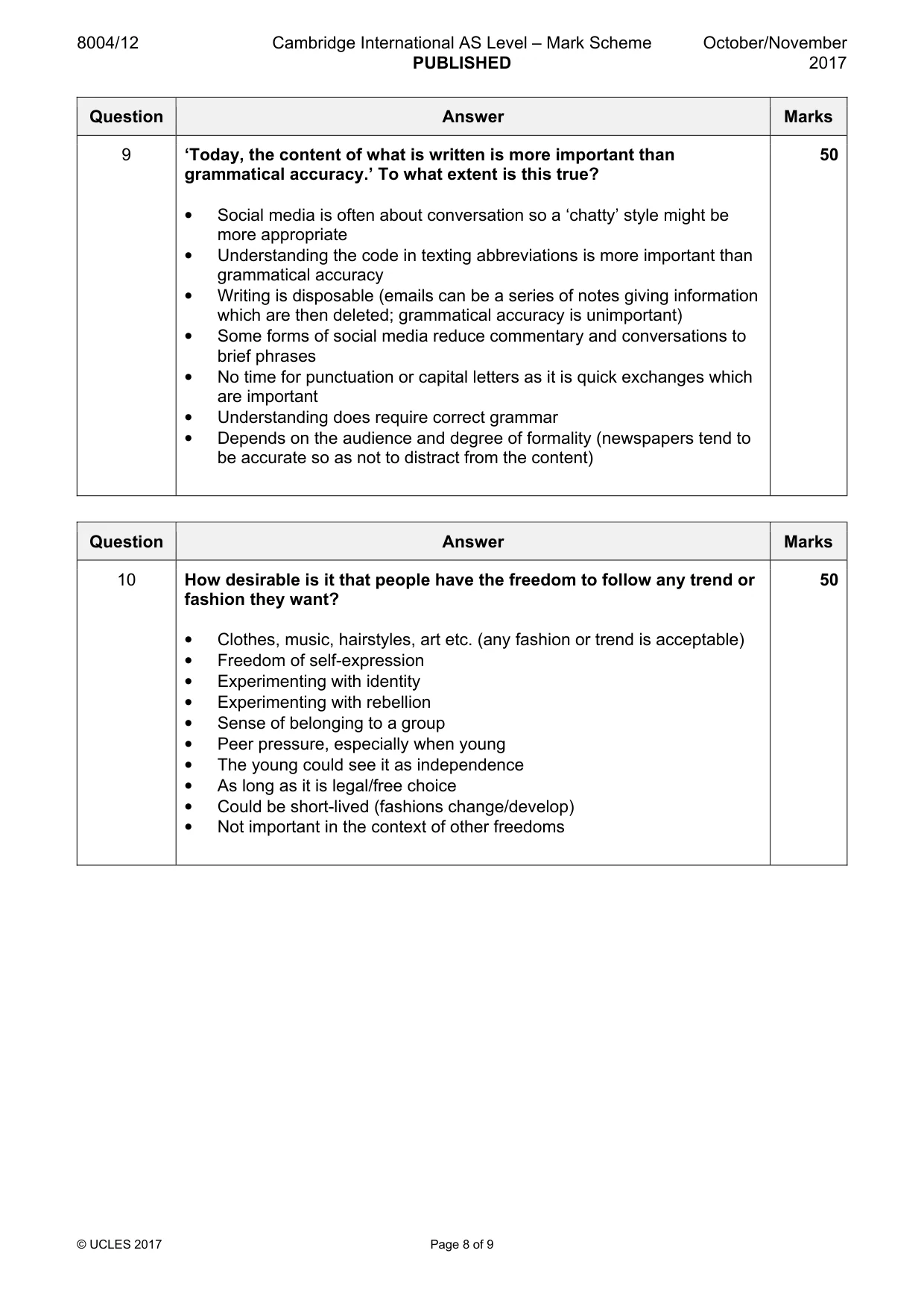 Mark scheme, page 8 of 9