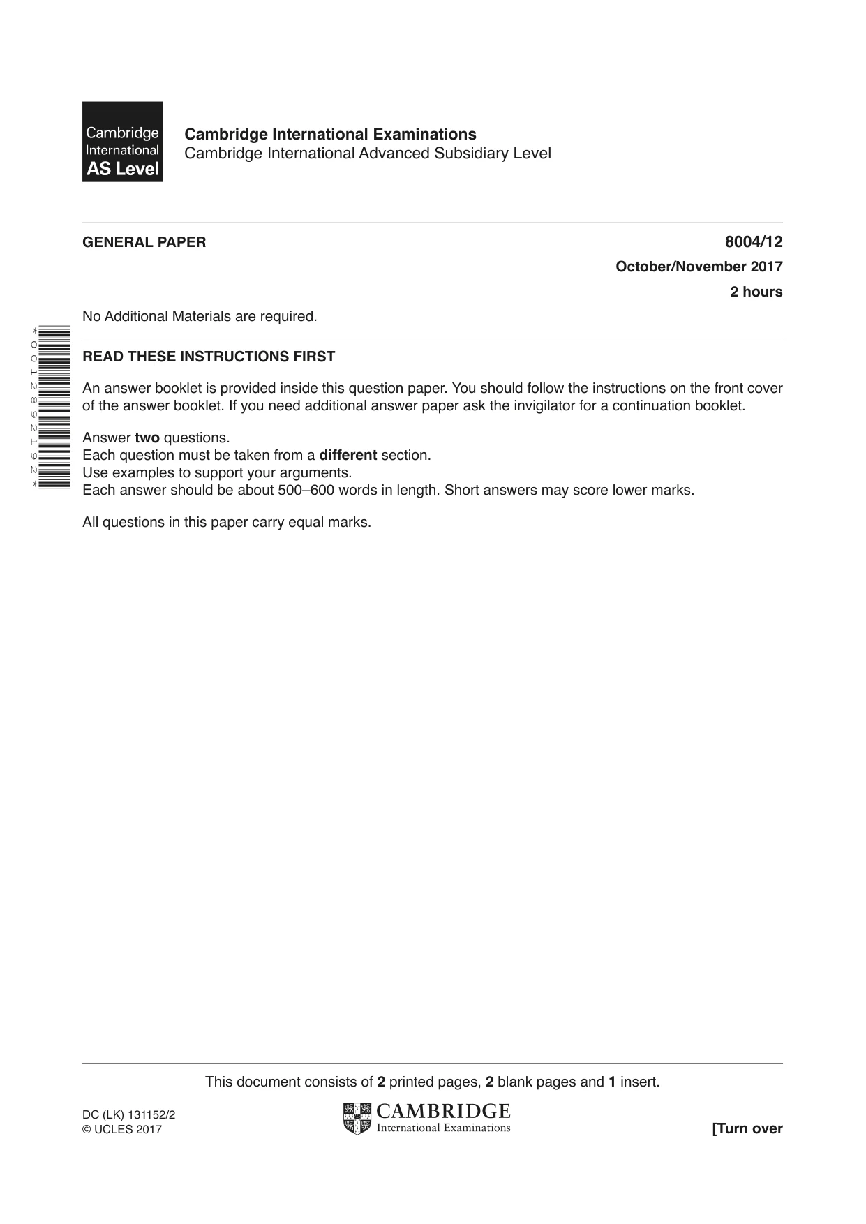 Cambridge A Level General Paper (AS Level only) 8004 2017 Oct/Nov Paper 1 · Variant 2 question paper, page 1 of 4