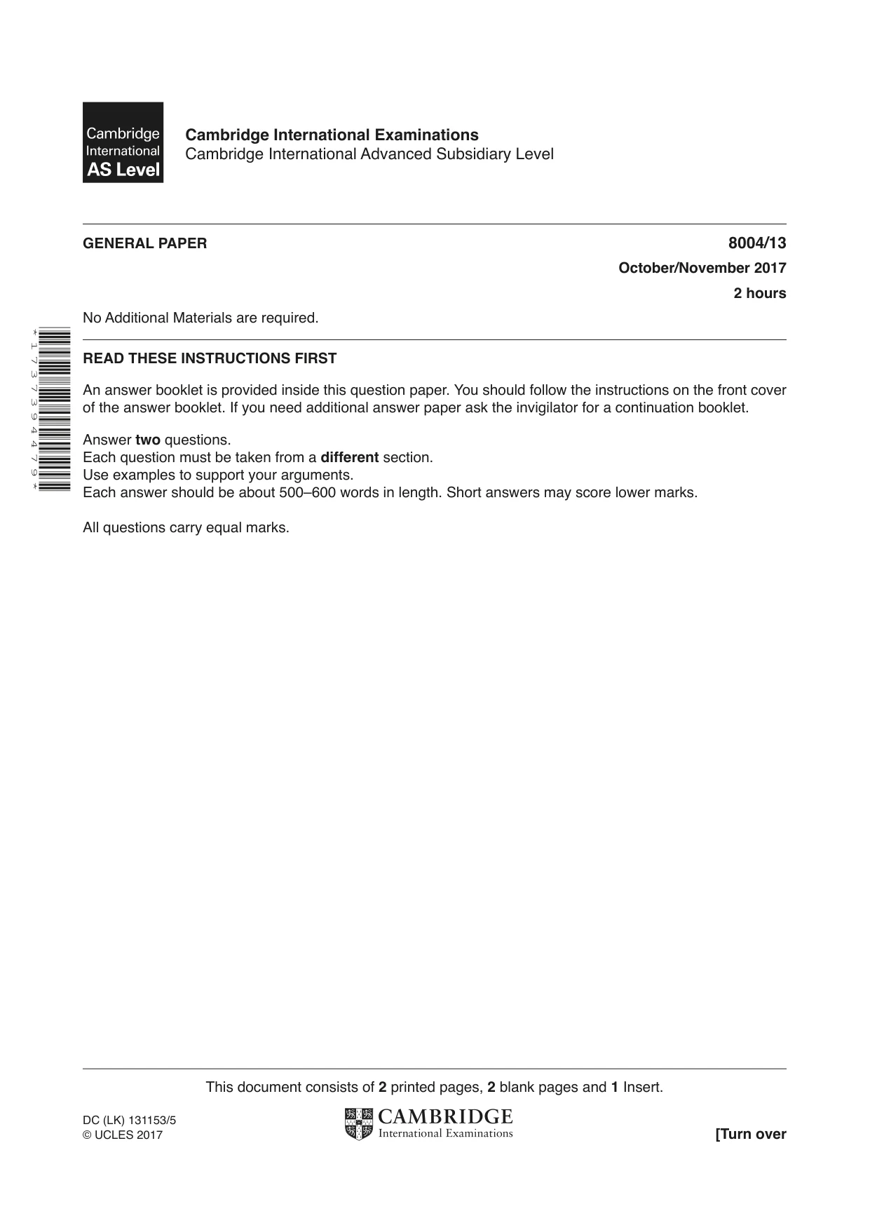 Cambridge A Level General Paper (AS Level only) 8004 2017 Oct/Nov Paper 1 · Variant 3 question paper, page 1 of 4