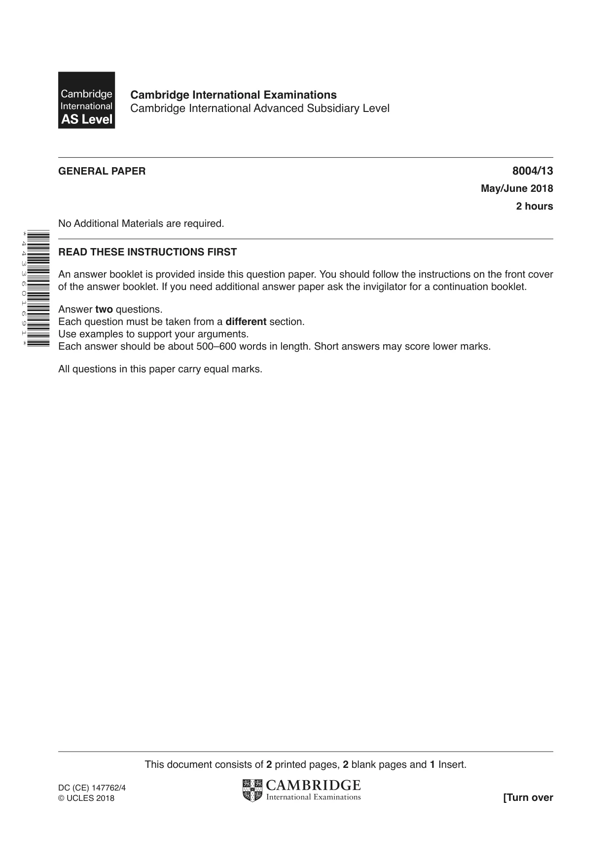 Cambridge A Level General Paper (AS Level only) 8004 2018 May/June Paper 1 · Variant 3 question paper, page 1 of 4