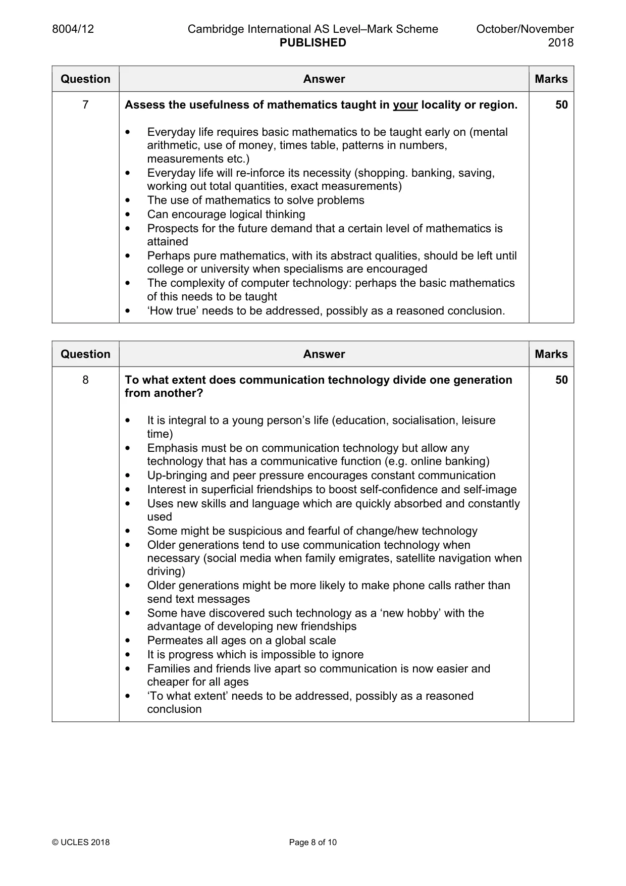 Mark scheme, page 8 of 10