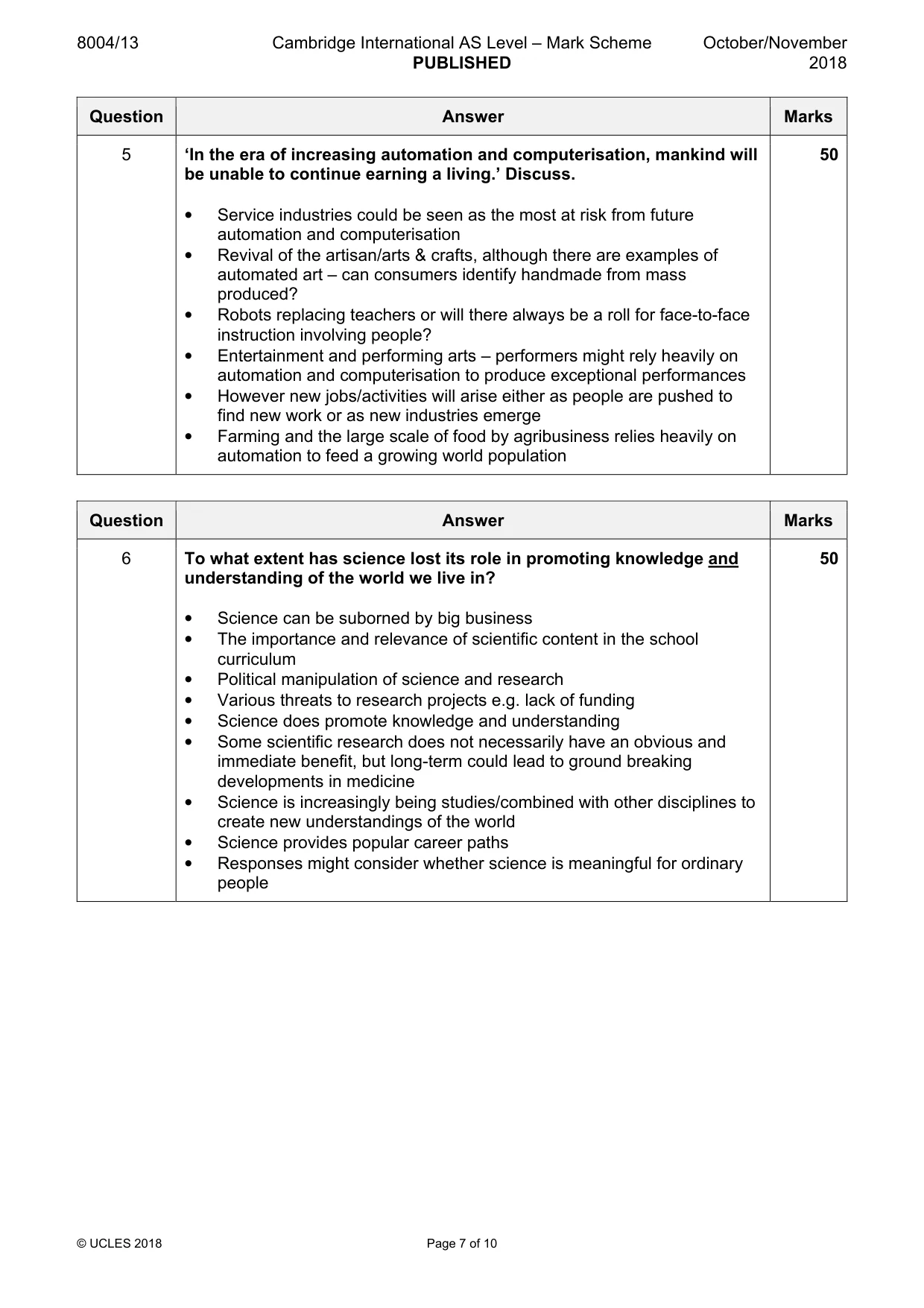 Mark scheme, page 7 of 10