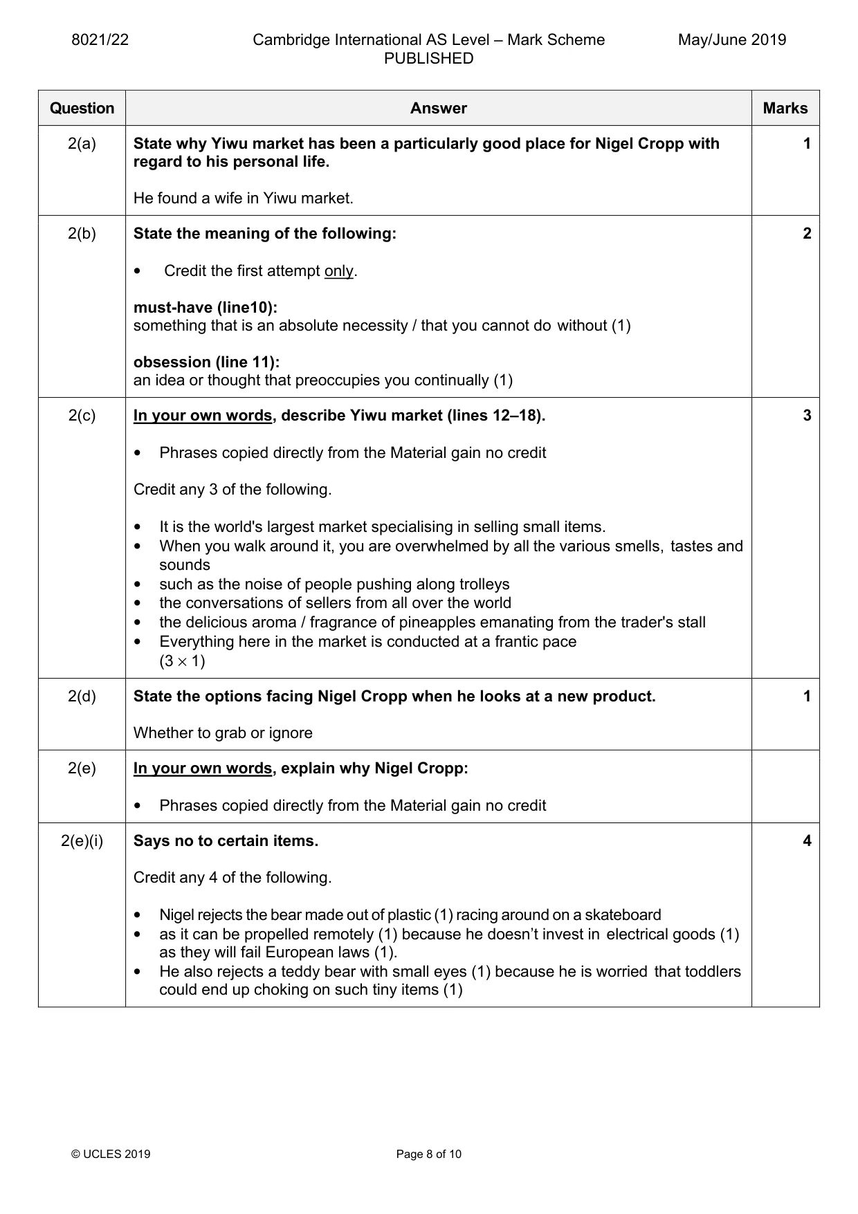 Mark scheme, page 8 of 10