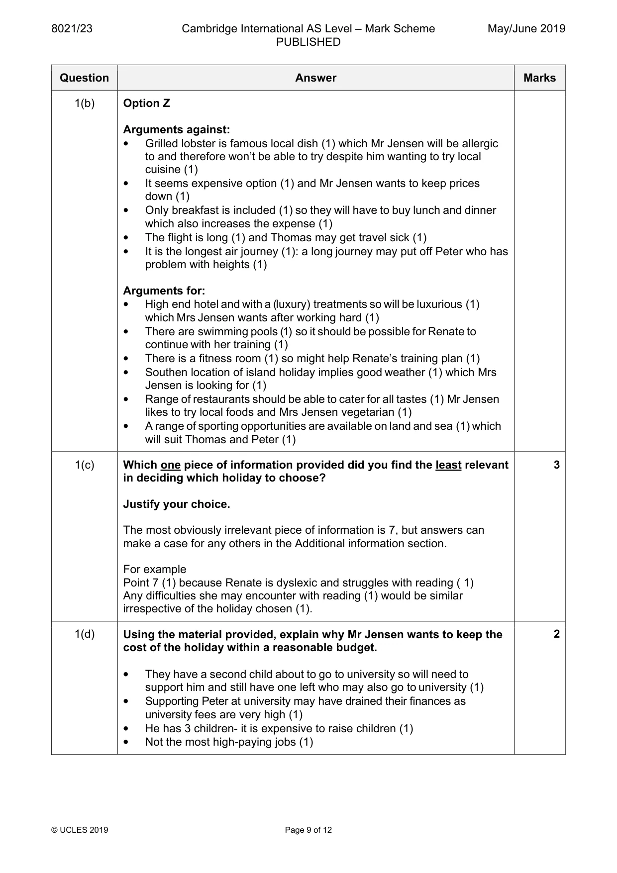 Mark scheme, page 9 of 12