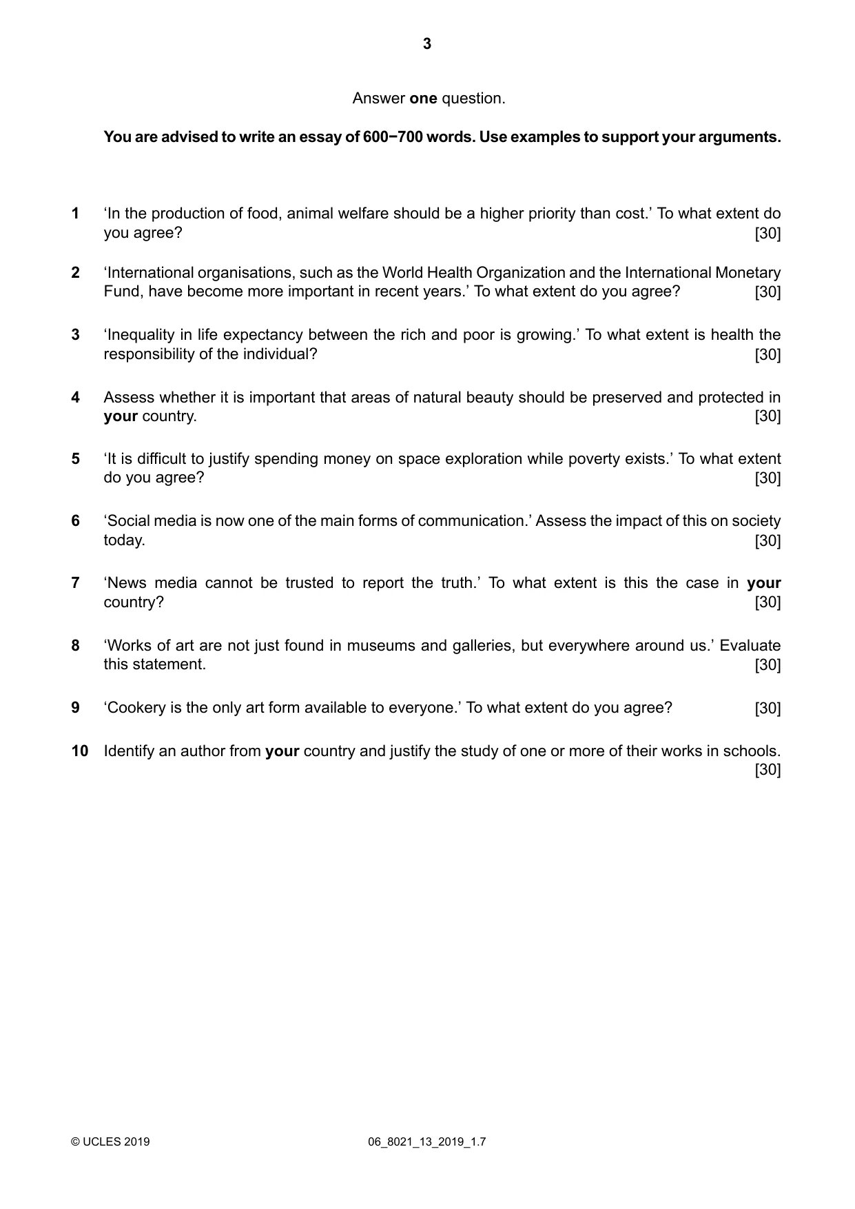 Cambridge A Level English General Paper 8021 2019 May/June Paper 1 · Variant 3 question paper, page 3 of 4