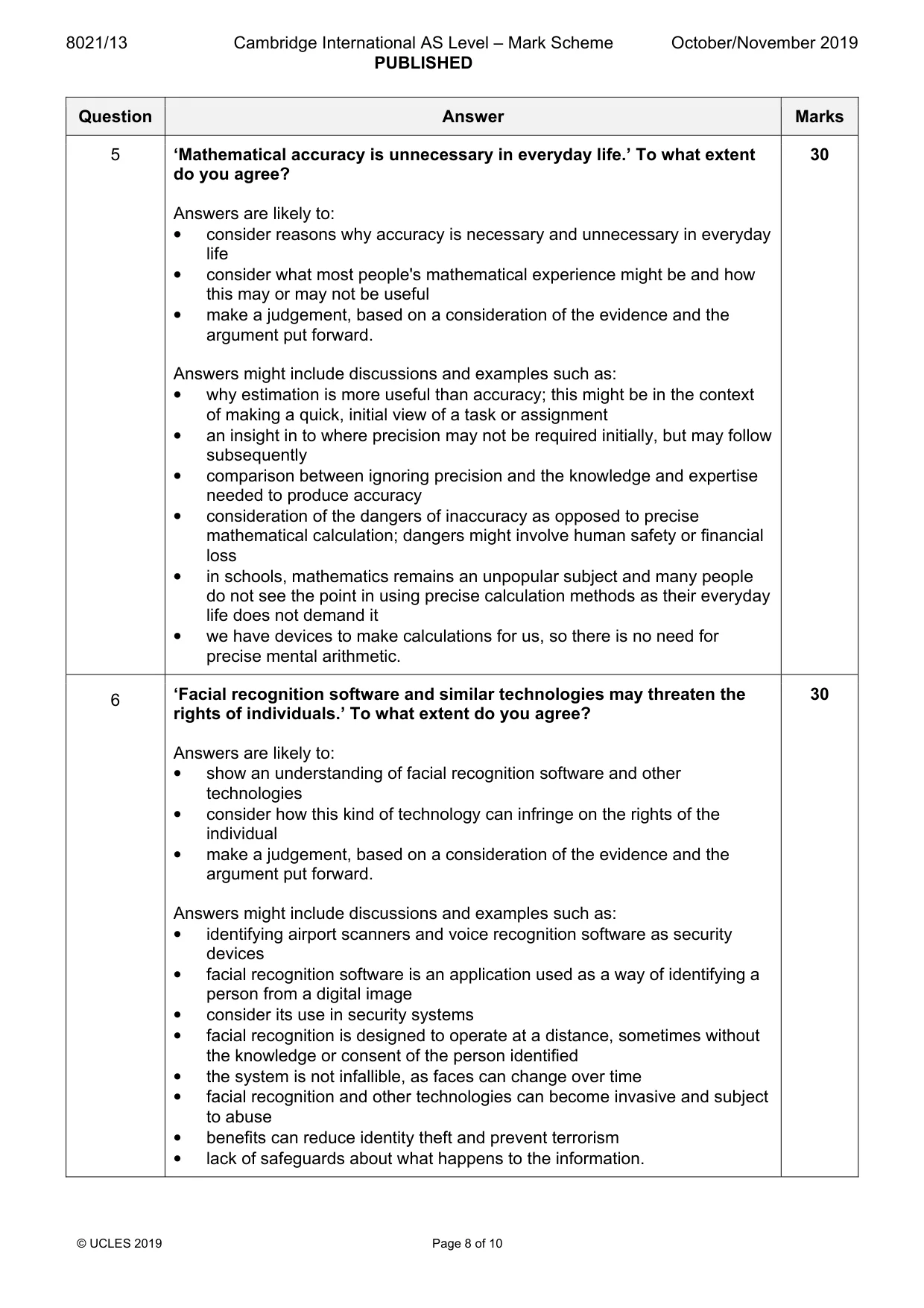 Mark scheme, page 8 of 10