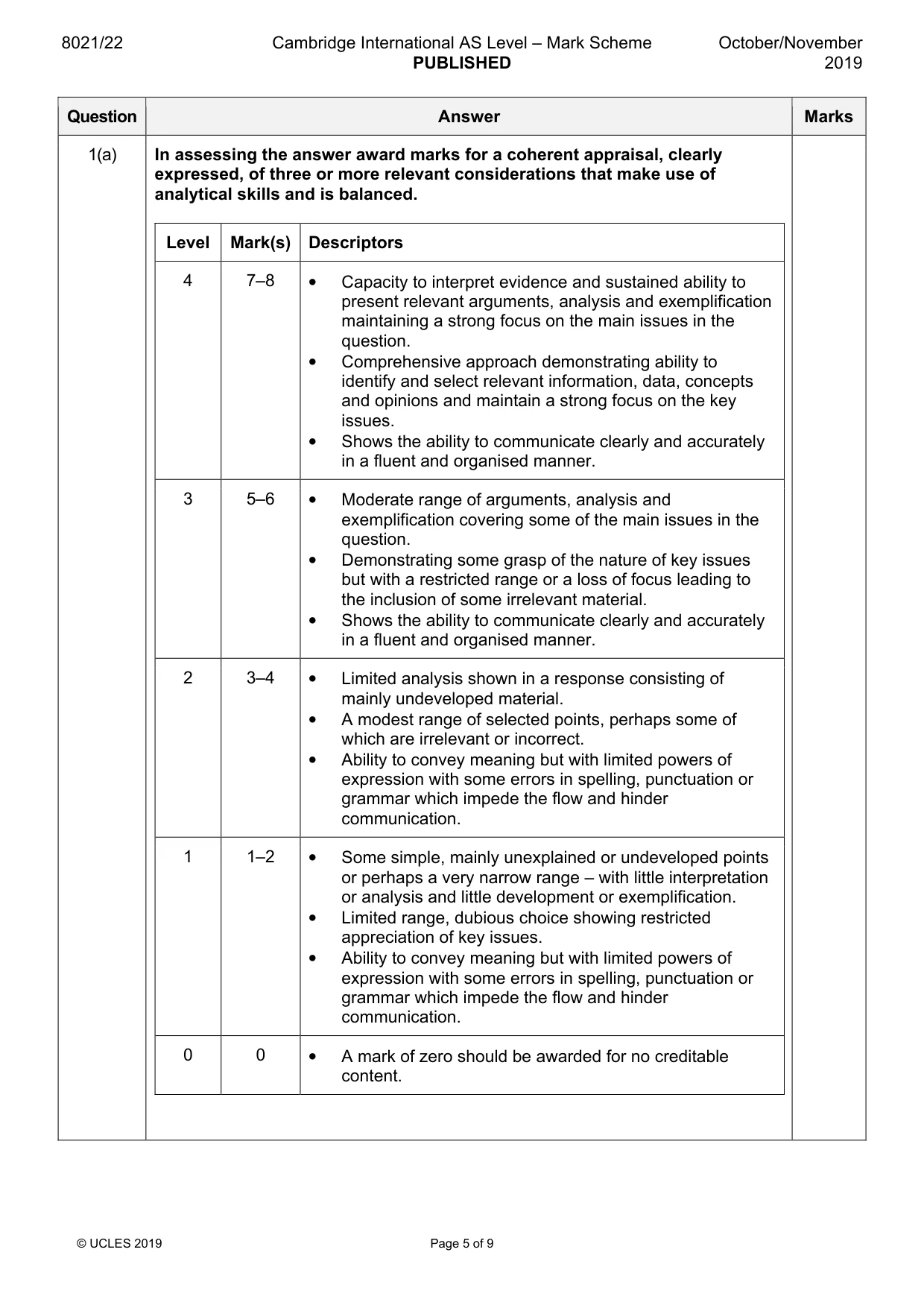 Mark scheme, page 5 of 9