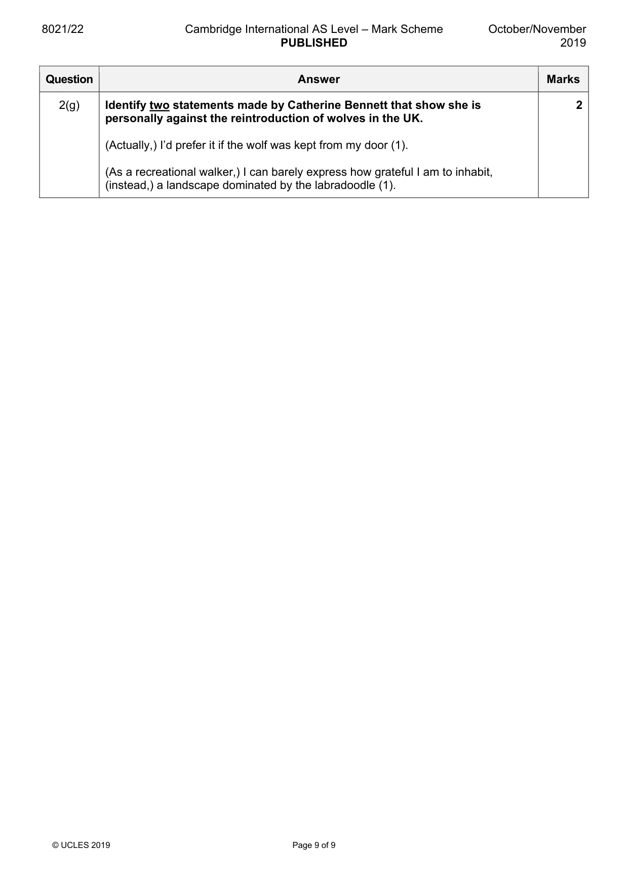 Mark scheme, page 9 of 9