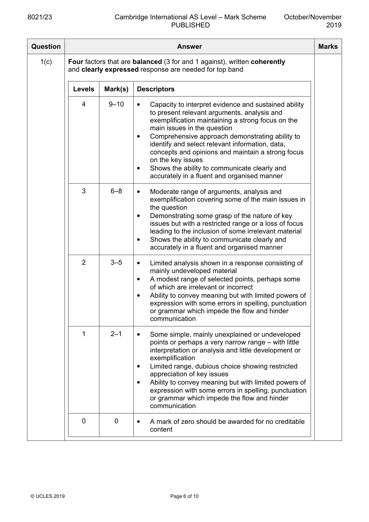Mark scheme, page 6 of 10