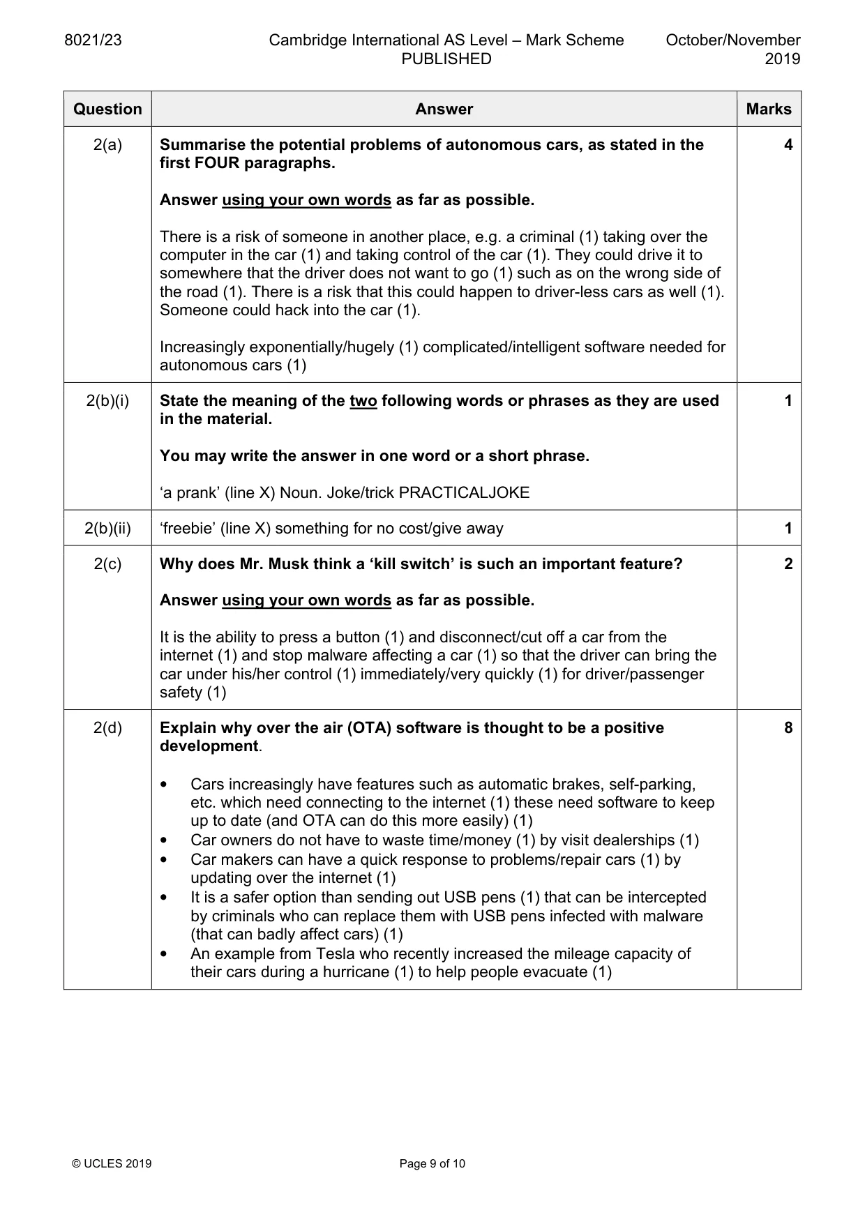 Mark scheme, page 9 of 10