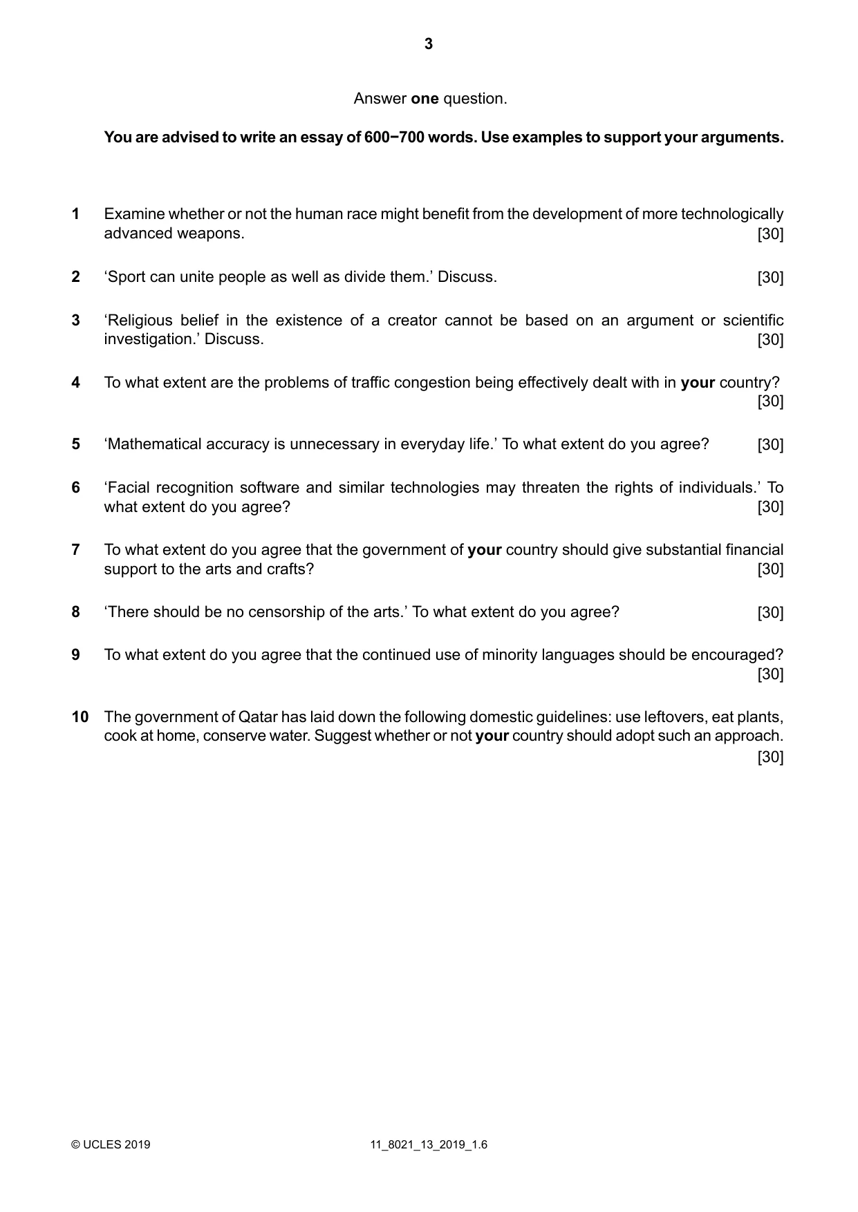 Cambridge A Level English General Paper 8021 2019 Oct/Nov Paper 1 · Variant 3 question paper, page 3 of 4