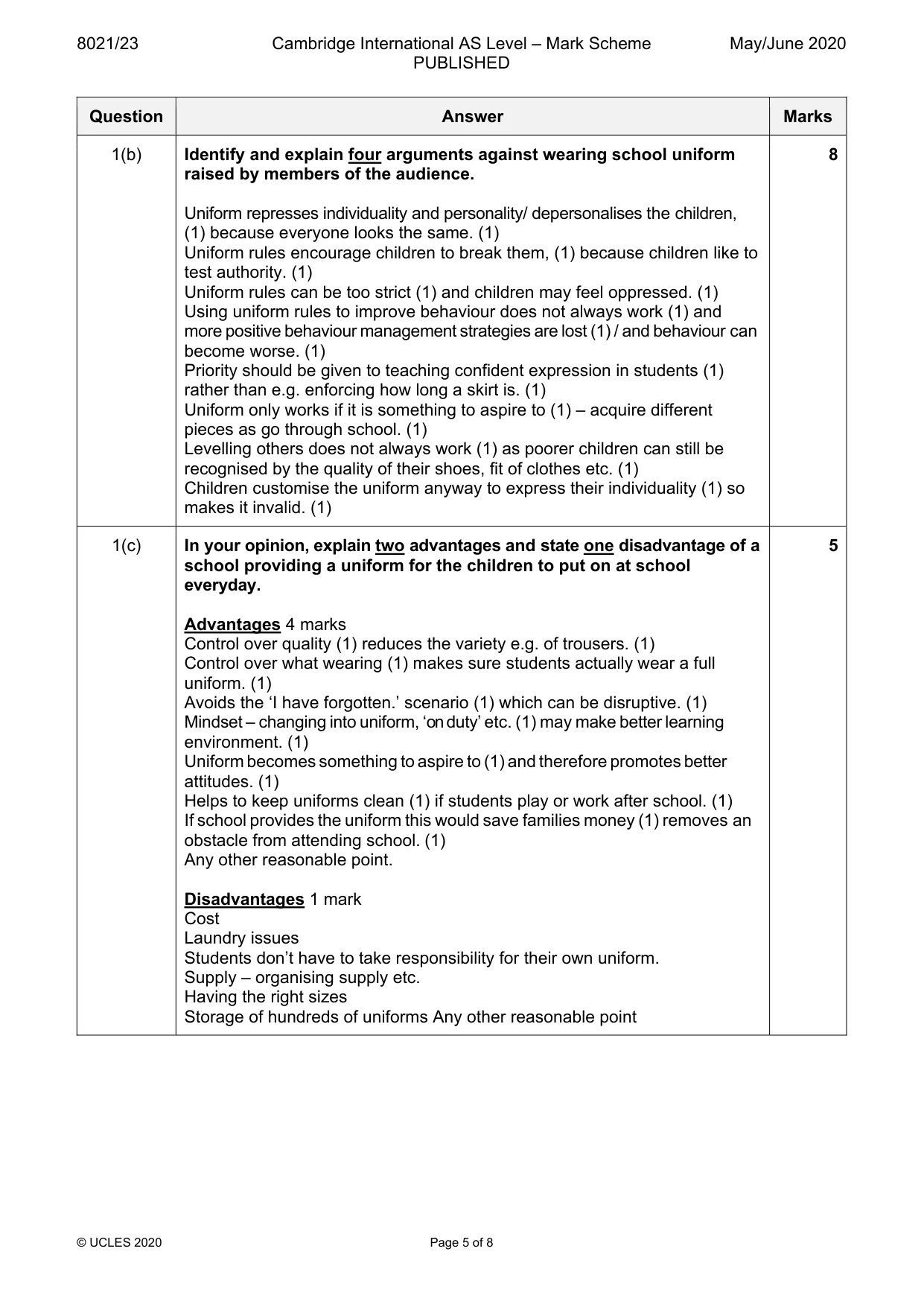 Mark scheme, page 5 of 8