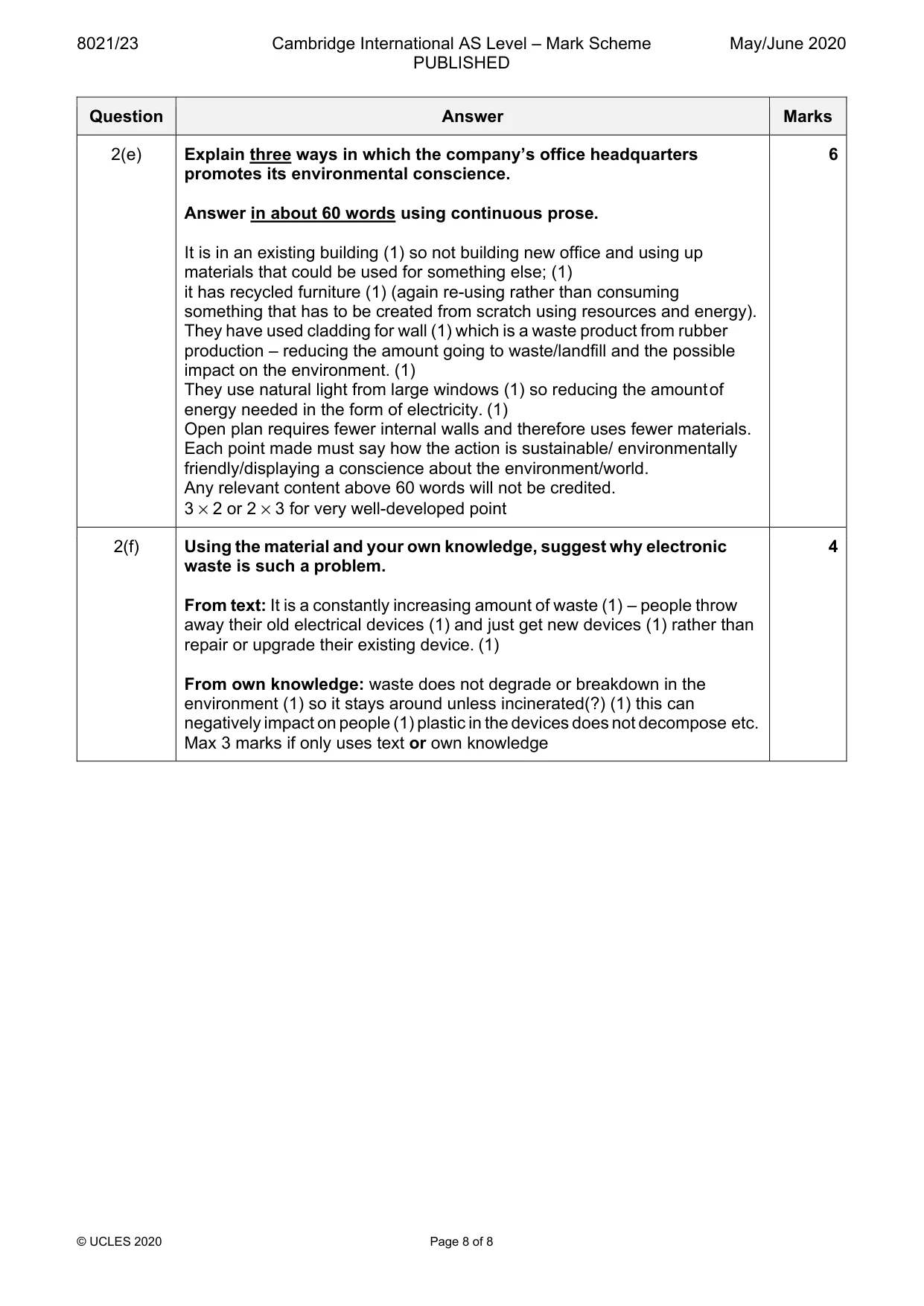 Mark scheme, page 8 of 8