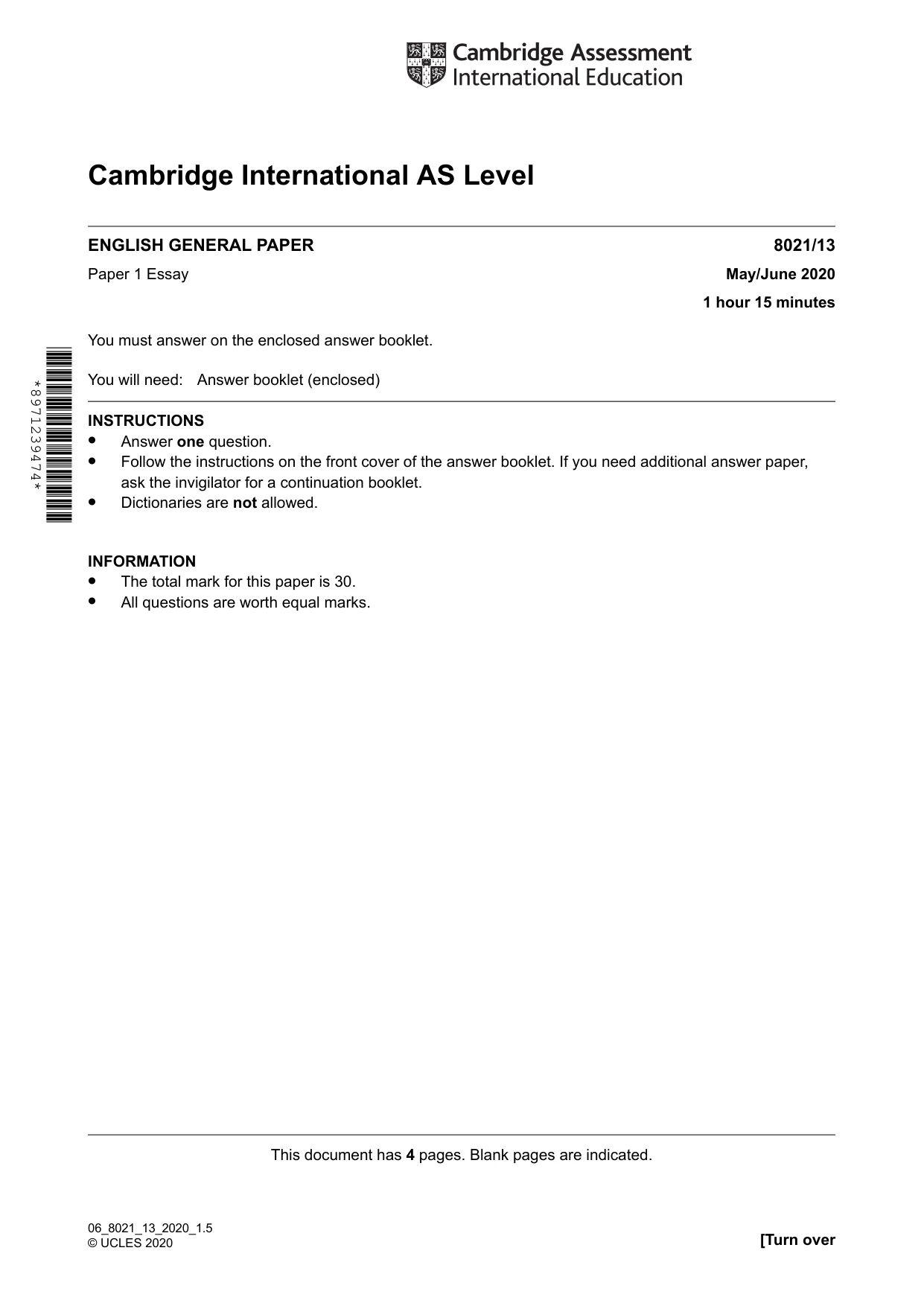 Cambridge A Level English General Paper 8021 2020 May/June Paper 1 · Variant 3 question paper, page 1 of 4