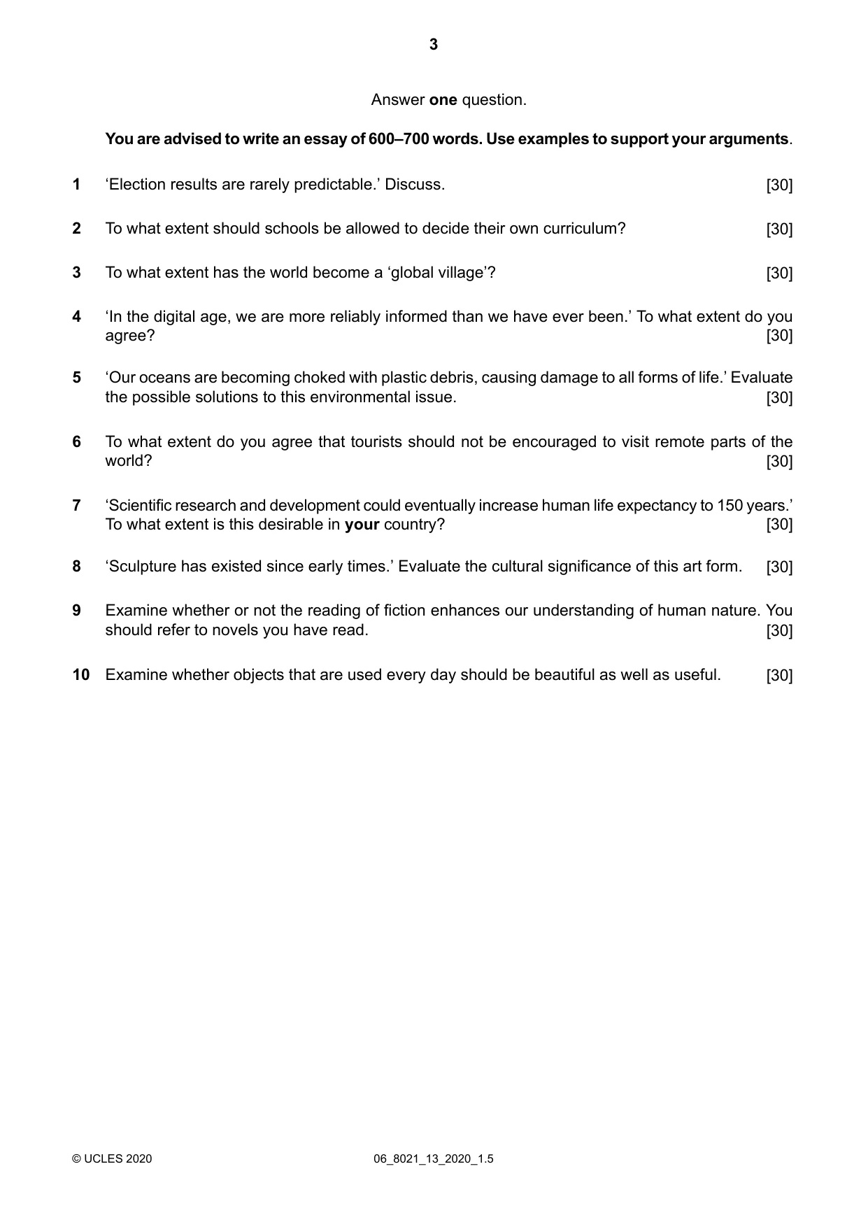 Cambridge A Level English General Paper 8021 2020 May/June Paper 1 · Variant 3 question paper, page 3 of 4