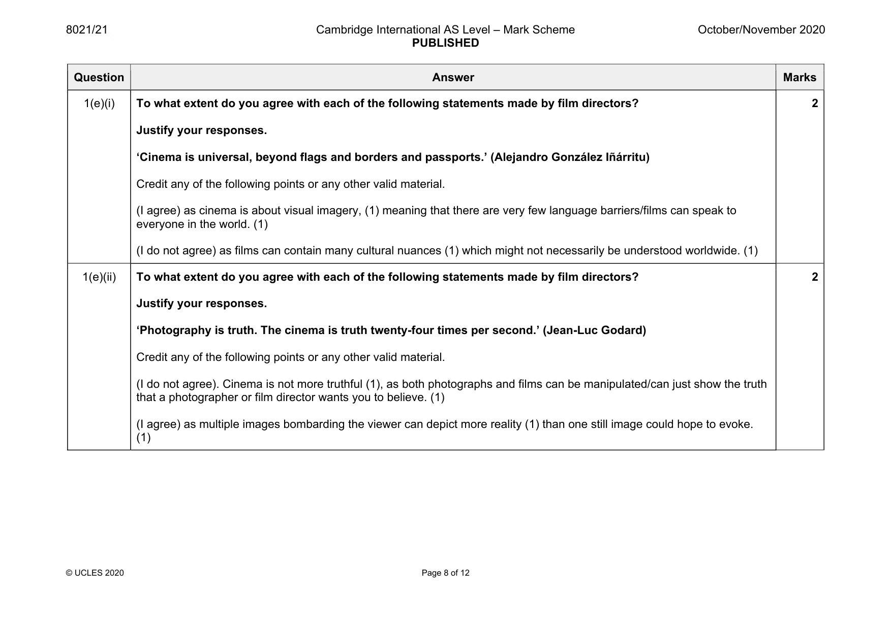 Mark scheme, page 8 of 12