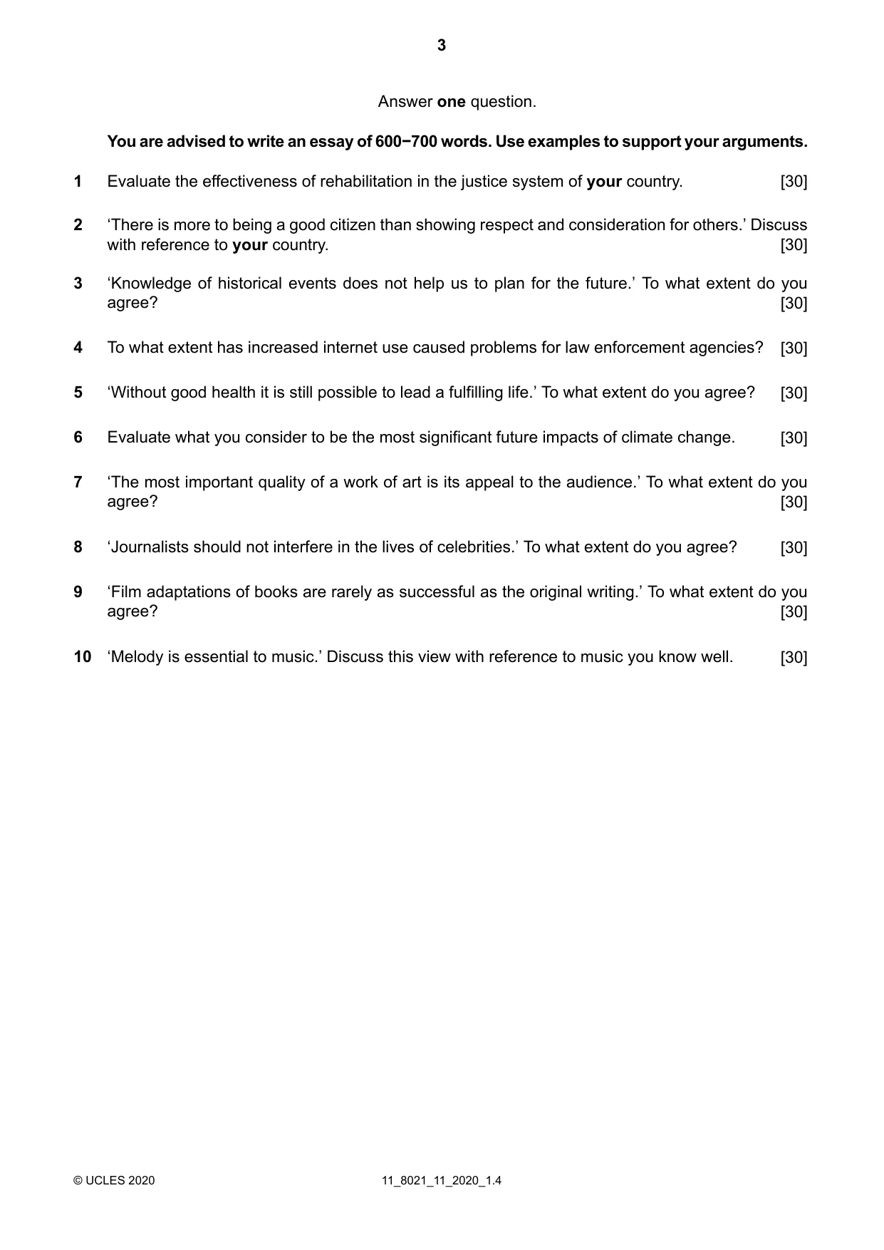 Cambridge A Level English General Paper 8021 2020 Oct/Nov Paper 1 · Variant 1 question paper, page 3 of 4