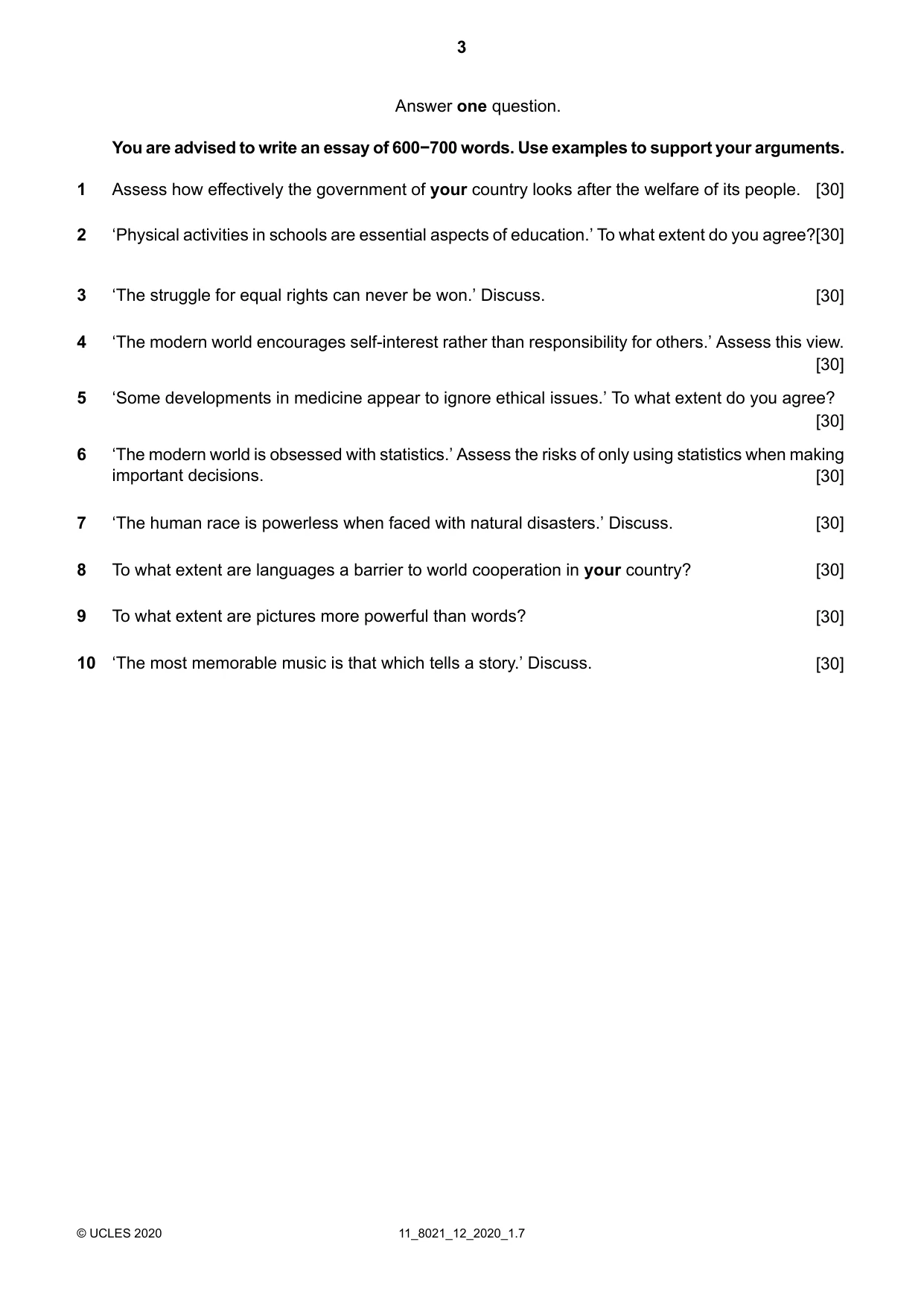 Cambridge A Level English General Paper 8021 2020 Oct/Nov Paper 1 · Variant 2 question paper, page 3 of 4