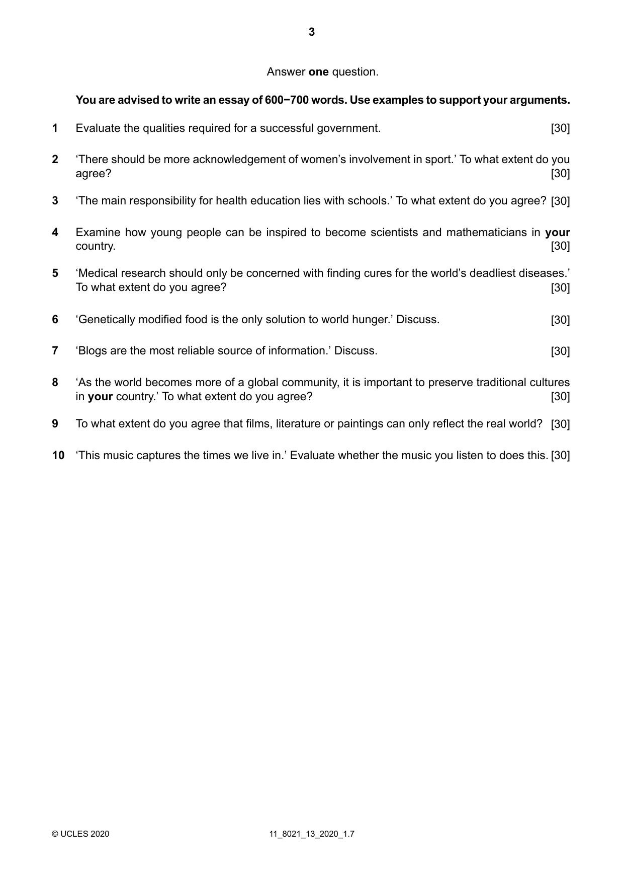 Cambridge A Level English General Paper 8021 2020 Oct/Nov Paper 1 · Variant 3 question paper, page 3 of 4