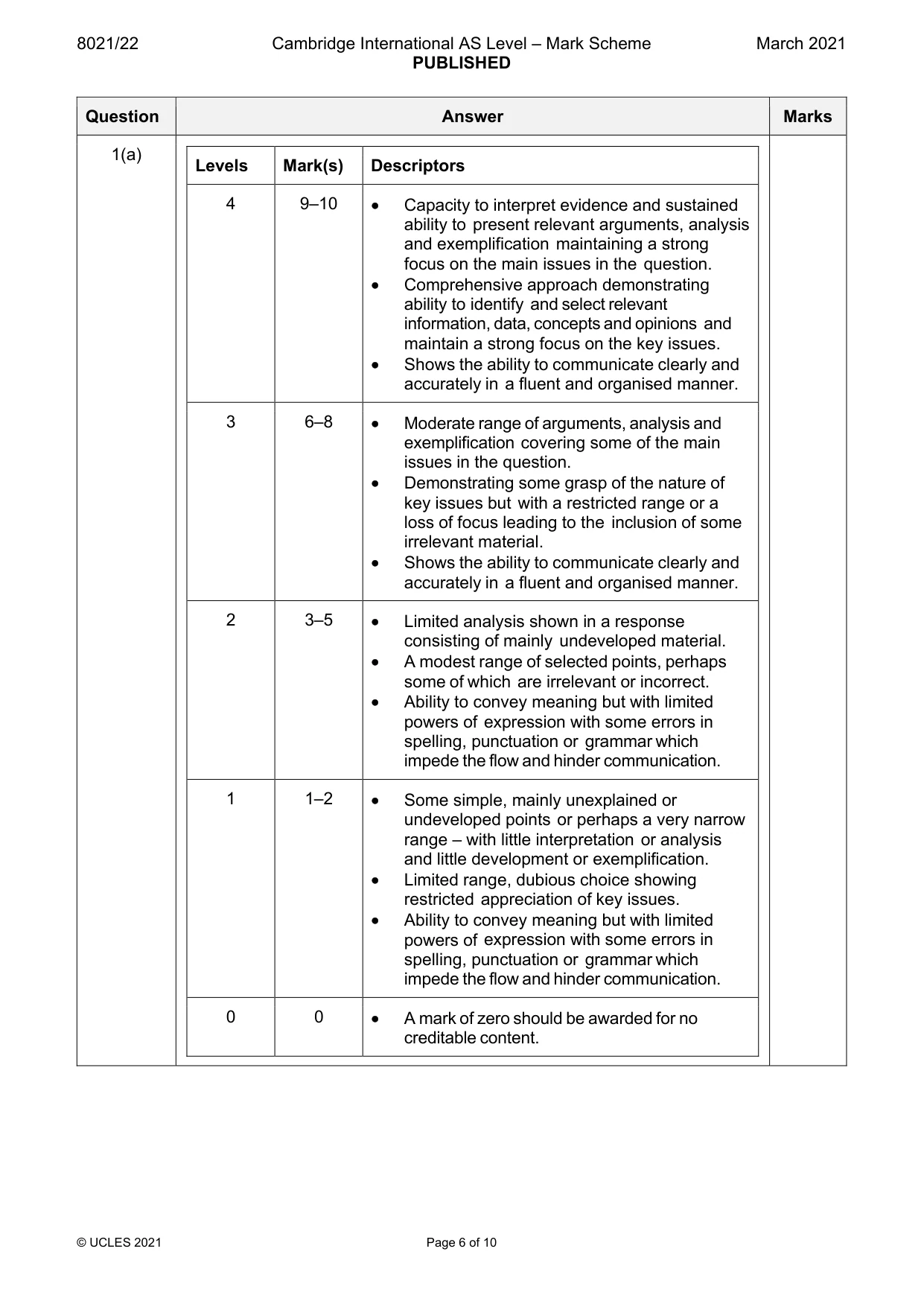 Mark scheme, page 6 of 10