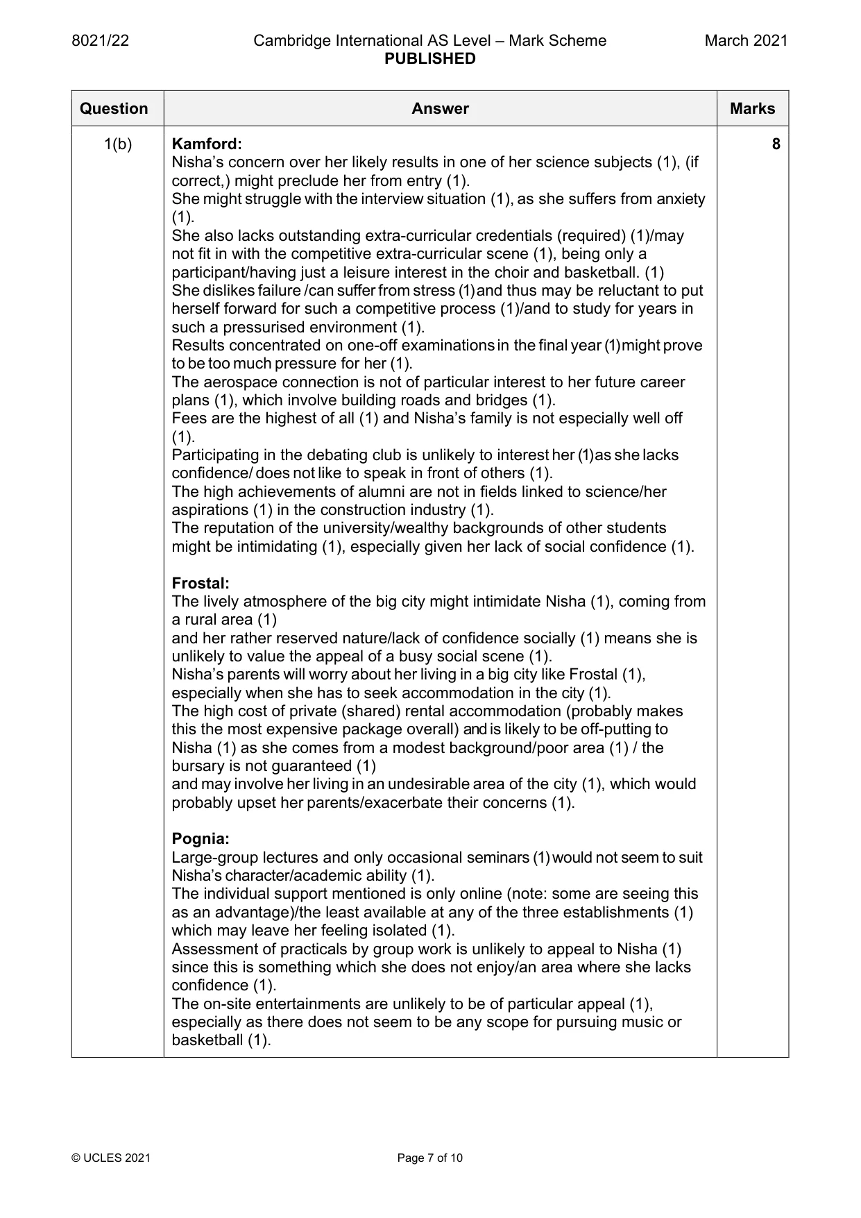 Mark scheme, page 7 of 10