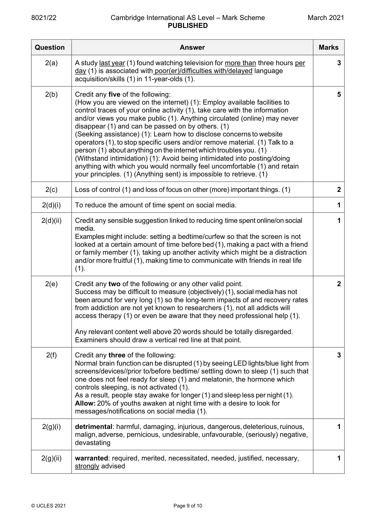 Mark scheme, page 9 of 10