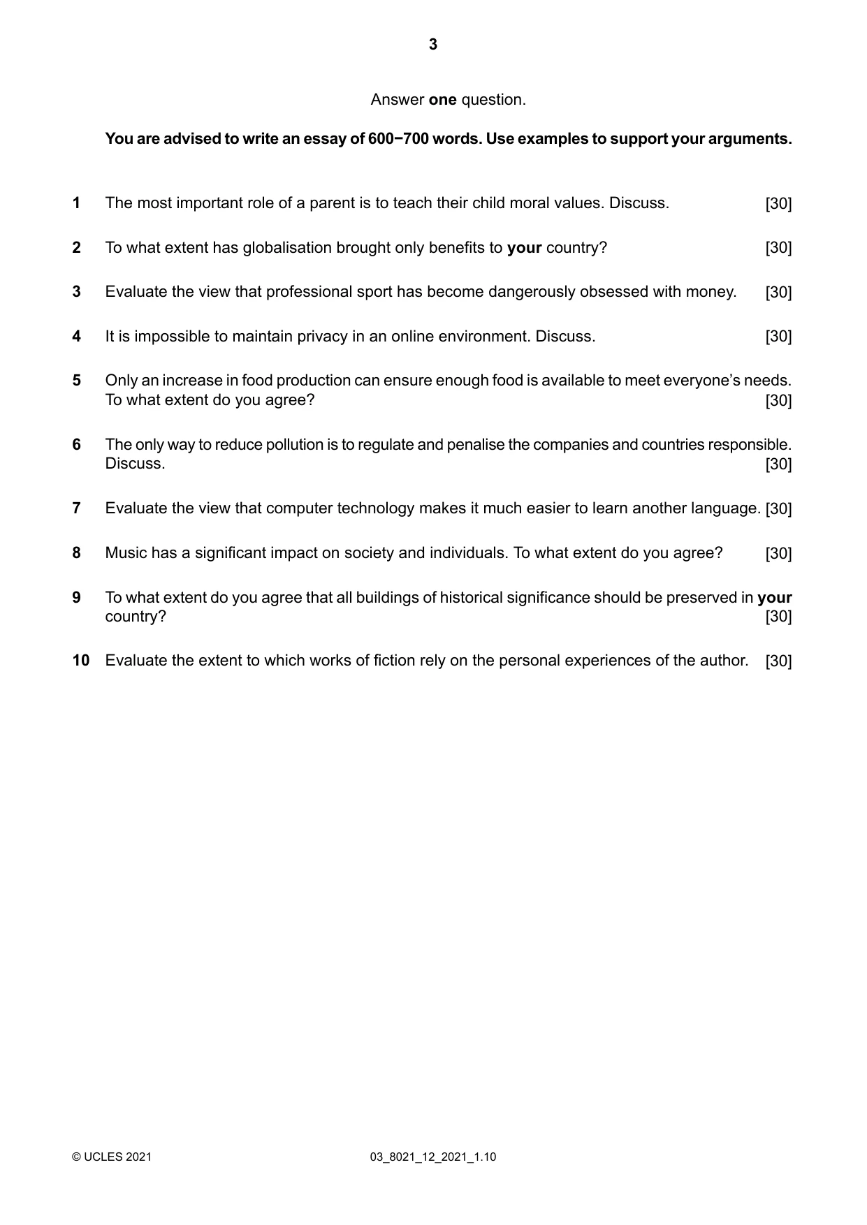 Cambridge A Level English General Paper 8021 2021 Feb/March Paper 1 · Variant 2 question paper, page 3 of 4