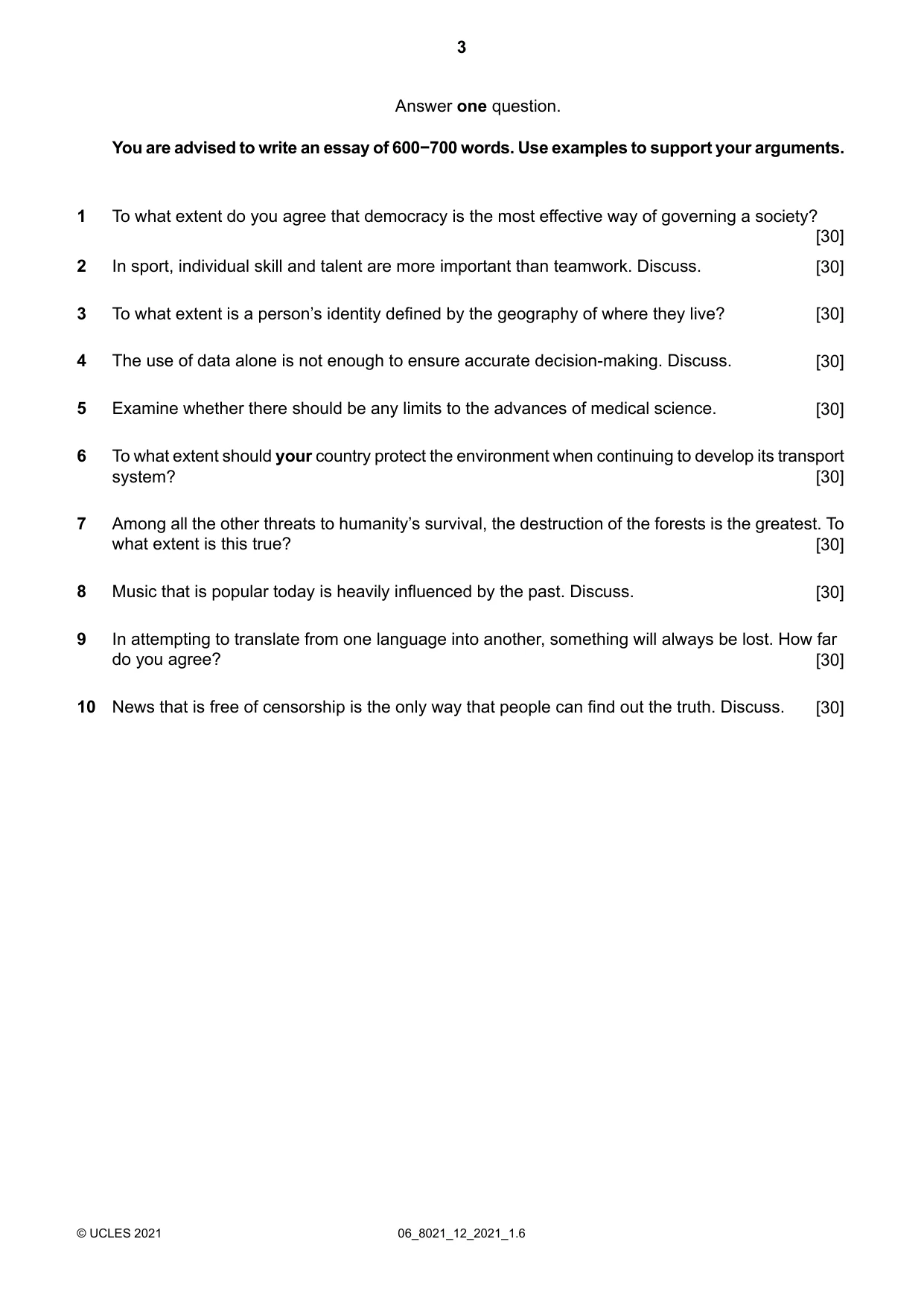 Cambridge A Level English General Paper 8021 2021 May/June Paper 1 · Variant 2 question paper, page 3 of 4