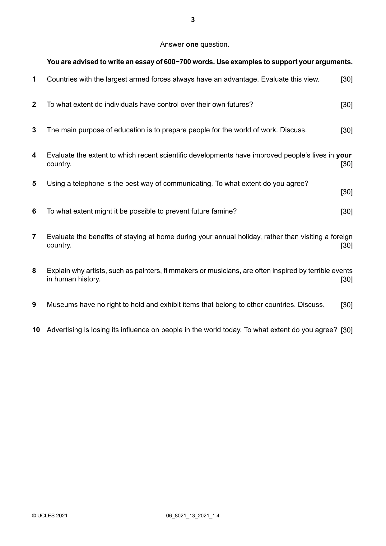 Cambridge A Level English General Paper 8021 2021 May/June Paper 1 · Variant 3 question paper, page 3 of 4